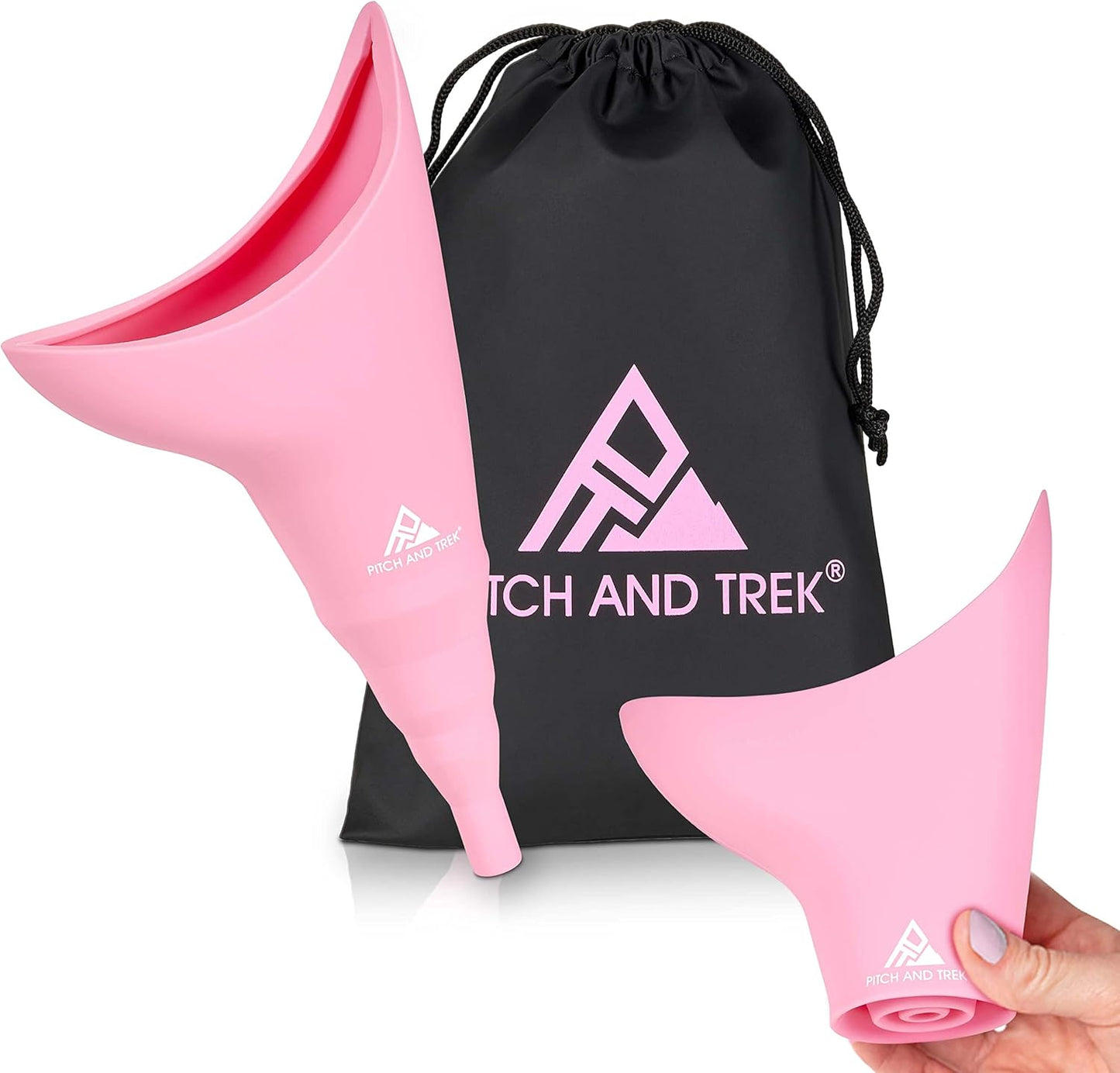Pitch and Trek Female Urination Device, Silicone Standing Pee Funnel w/Discreet Carry Bag, for Travel, Road Trip, Festival, Camping & Hiking Gear Essentials for Women, Pink