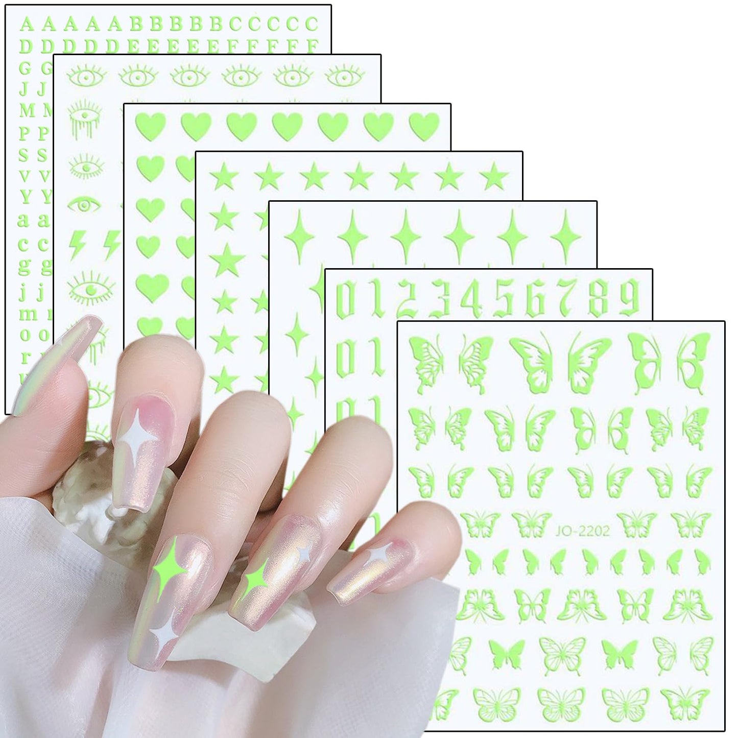 7 Sheets Red Nail Art Stickers, 3D Geometry Nail Transfer Decals, Butterfly Heart Letters Numbers Stars Eyes Nail Self-Adhesive Sticker Design for Women Girls Manicure Charms Decorations