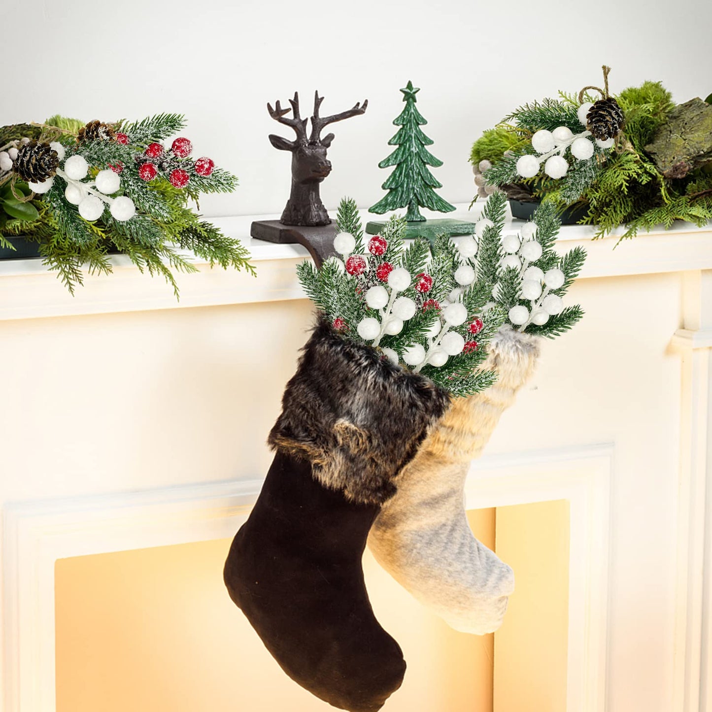 White Berry Stems Floral Pine Cones 10PCS Christmas Artificial Pine Branches Evergreen Berries Branch White Holly Spray Wreath Picks for DIY Craft Christmas Winter Décor