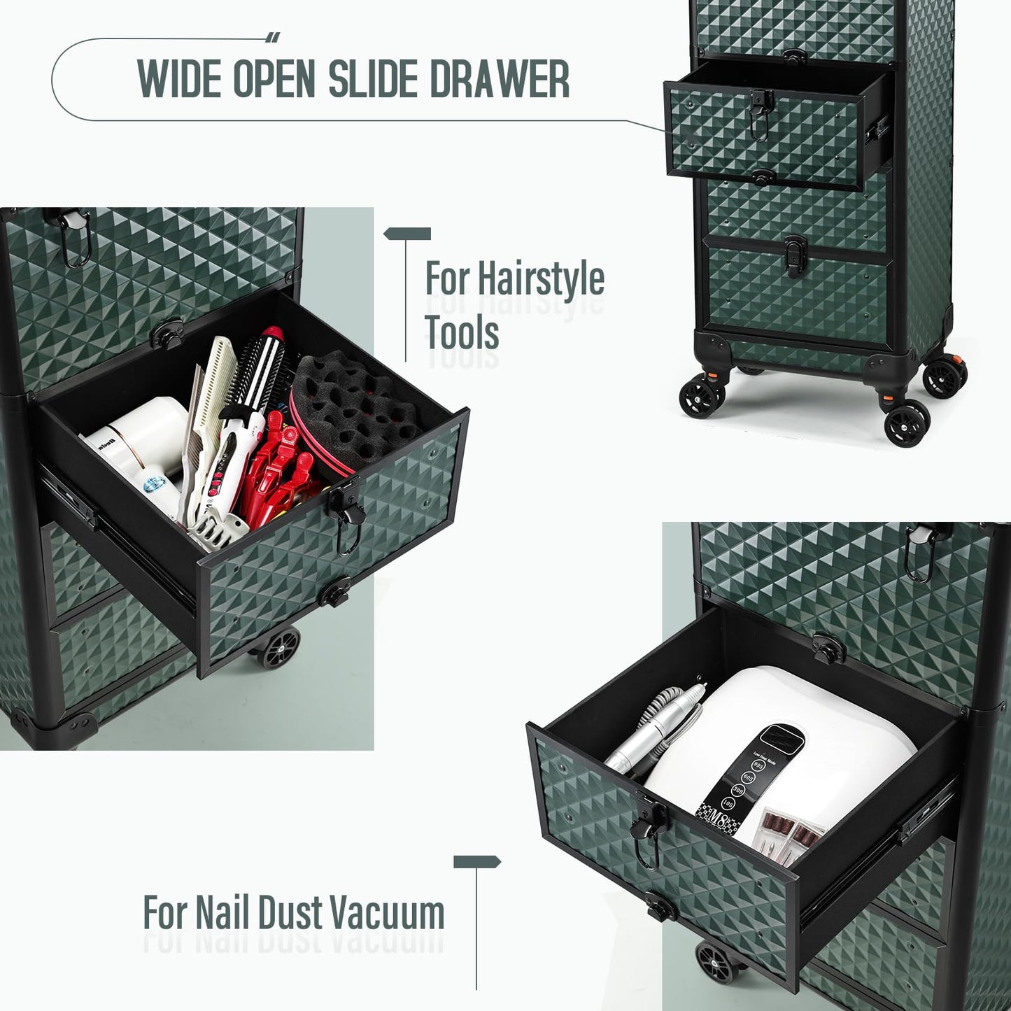 Yueieoun Salon Cart with 3 Drawers, Professional Trolley Cart for Beauty Salon, Rolling Train Case Makeup Organizer Case for Nail Tech (Dark Green)