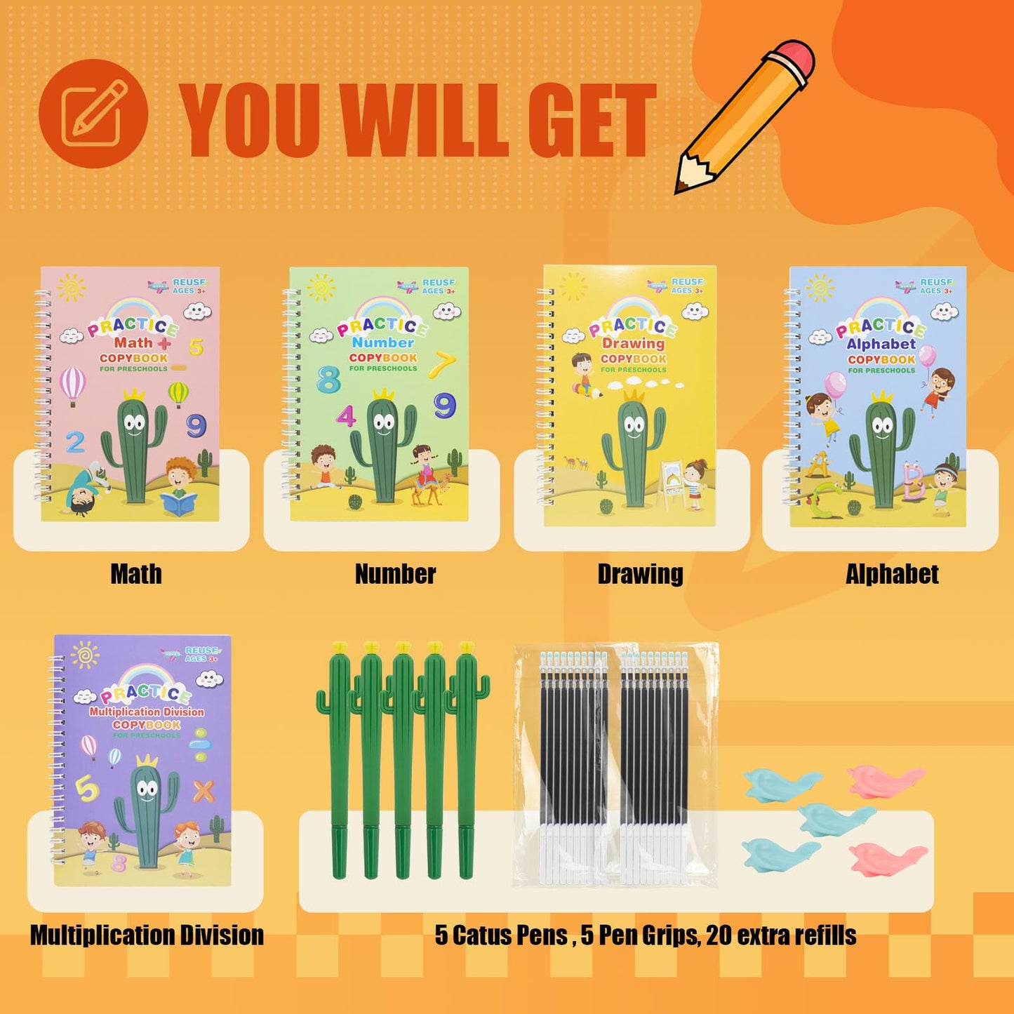 Magic Practice Copybook, Reusable Writing Practice Book, Grooved Handwriting Copybook Set for Preschool Kids Age 3-8 Calligraphy 5.7 * 7.9 inch (5 PCS with 5 Cactus Pens & A Storage Bag)