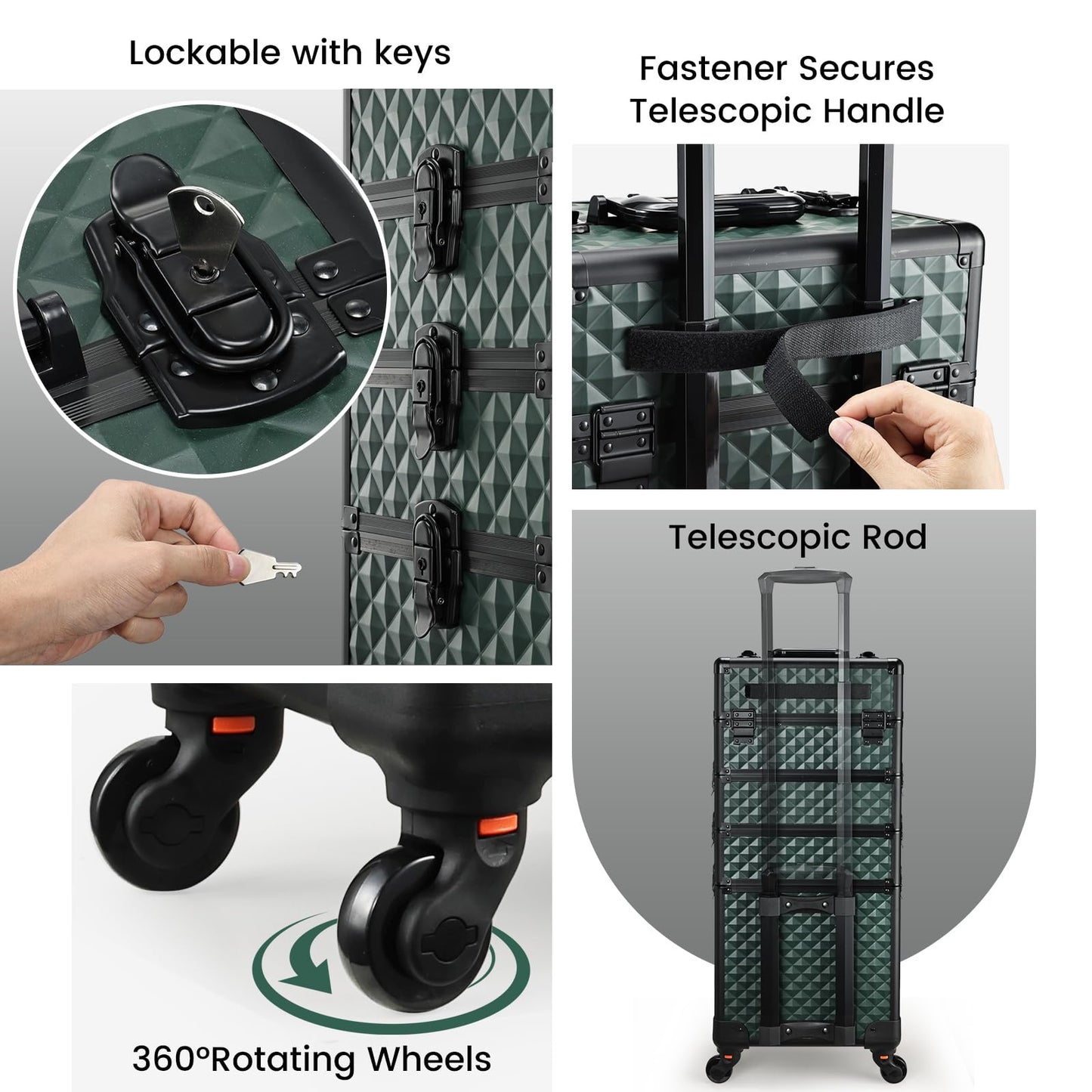 Stagiant Rolling Makeup Train Case Cosmetology Case on Wheels 4 in 1 Cosmetic Box Makeup Travel Case with Key Swivel Wheels Nail Artist Salon Barber StorageTraveling Cart Trunk Dark Green