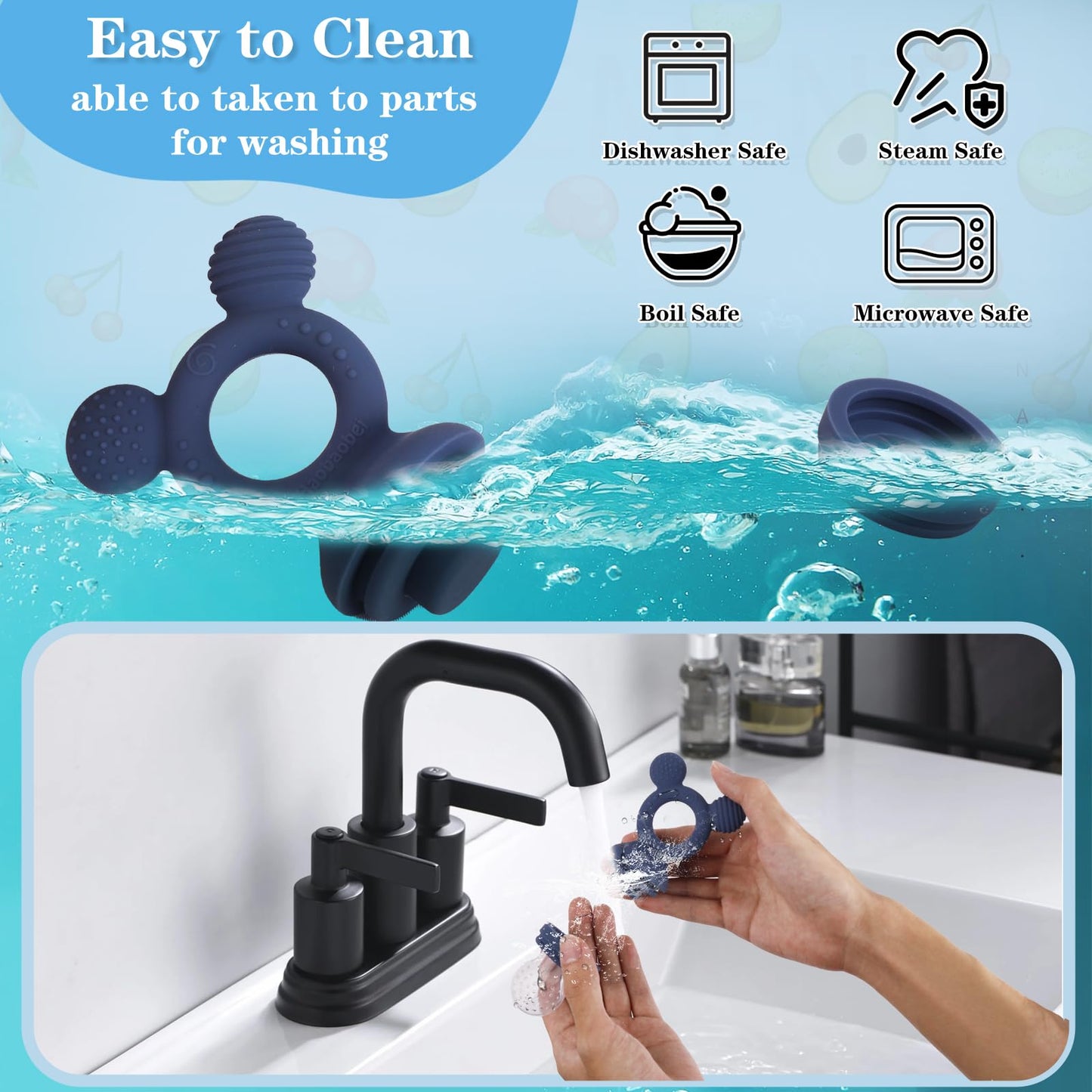 HAOBAOBEI Baby Fruit Feeder, Frozen Teething Toys, Infants Teether Pacifier with 3 Extra Teats, Toddler Eating Essentials, BPA Free Feeding Supplies (Steel Blue)