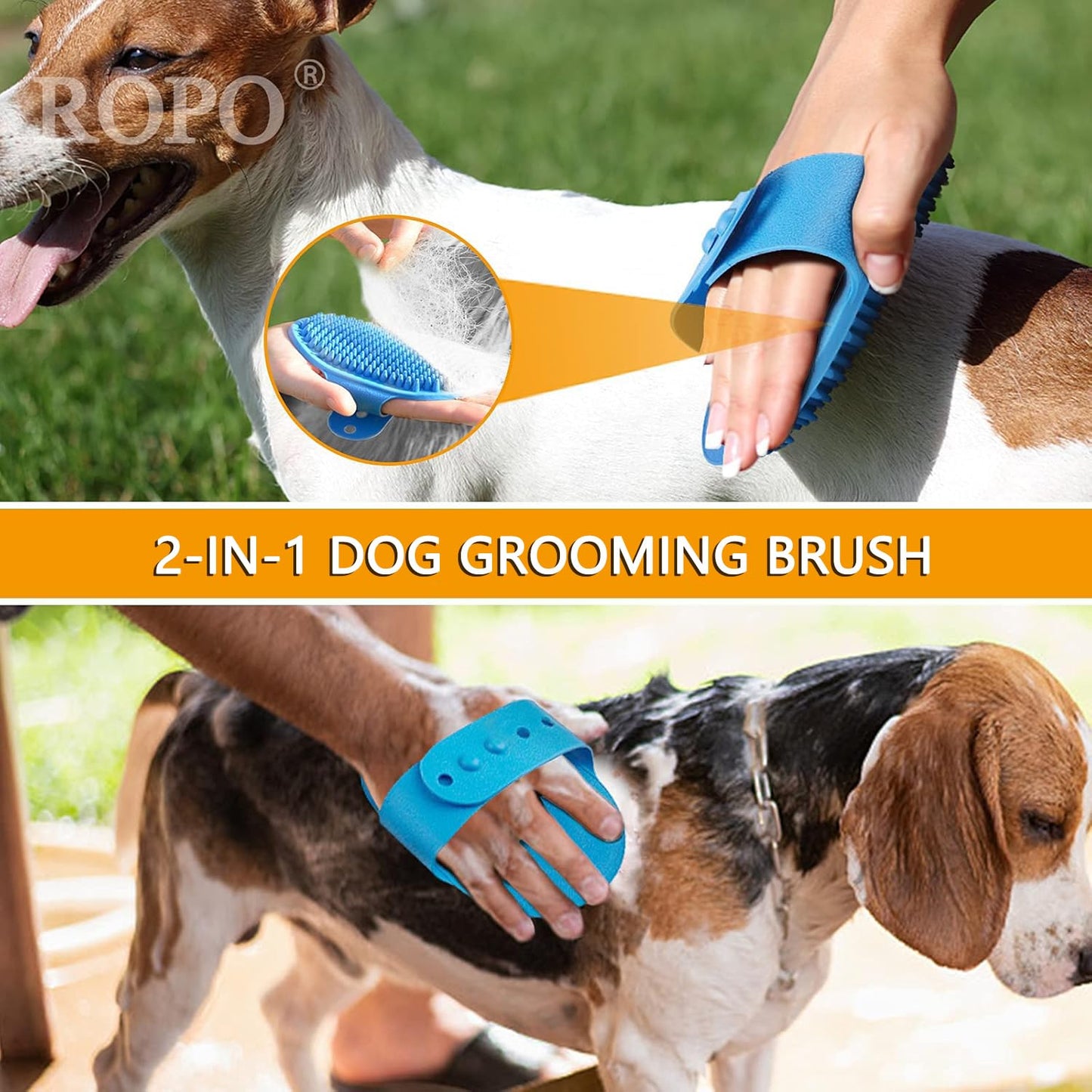 ROPO Dog Grooming Brush, Pet Shampoo Bath Brush Soothing Massage Rubber Comb with Adjustable Ring Handle for Long Short Haired Dogs and Cats 2pcs