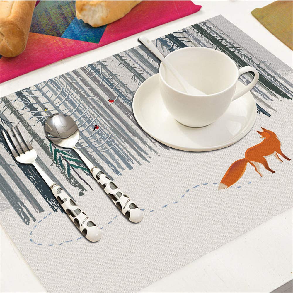 Fox Placemats Set of 4, Winter Forest Landscape Fox Bird Placemats Heat Resistant for Dining Table Non-Slip 18x12 Inches