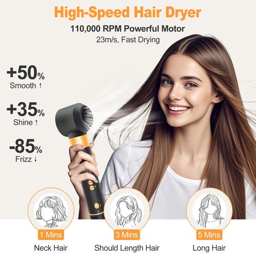 Air Styler Hair Dryer Brush - 110000 RPM Powerful Blow Dryer Brush for Professional Fast Drying, Curling, Volumizing, Multi-Styler with Auto-Wrap Curlers, Oval Brush, Round Nozzle (Black-Orange)