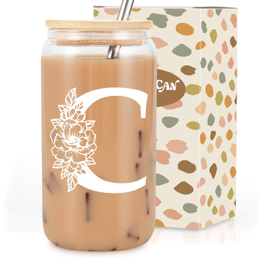 Coolife Initial Glass Cup, Monogrammed Gifts for Women, 16 oz Glass Cups w/Lids Straws, Iced Coffee Smoothie Beer Tumbler w/Straw Lid - Personalized Mothers Day, Birthday Gifts for Her Mom Friend