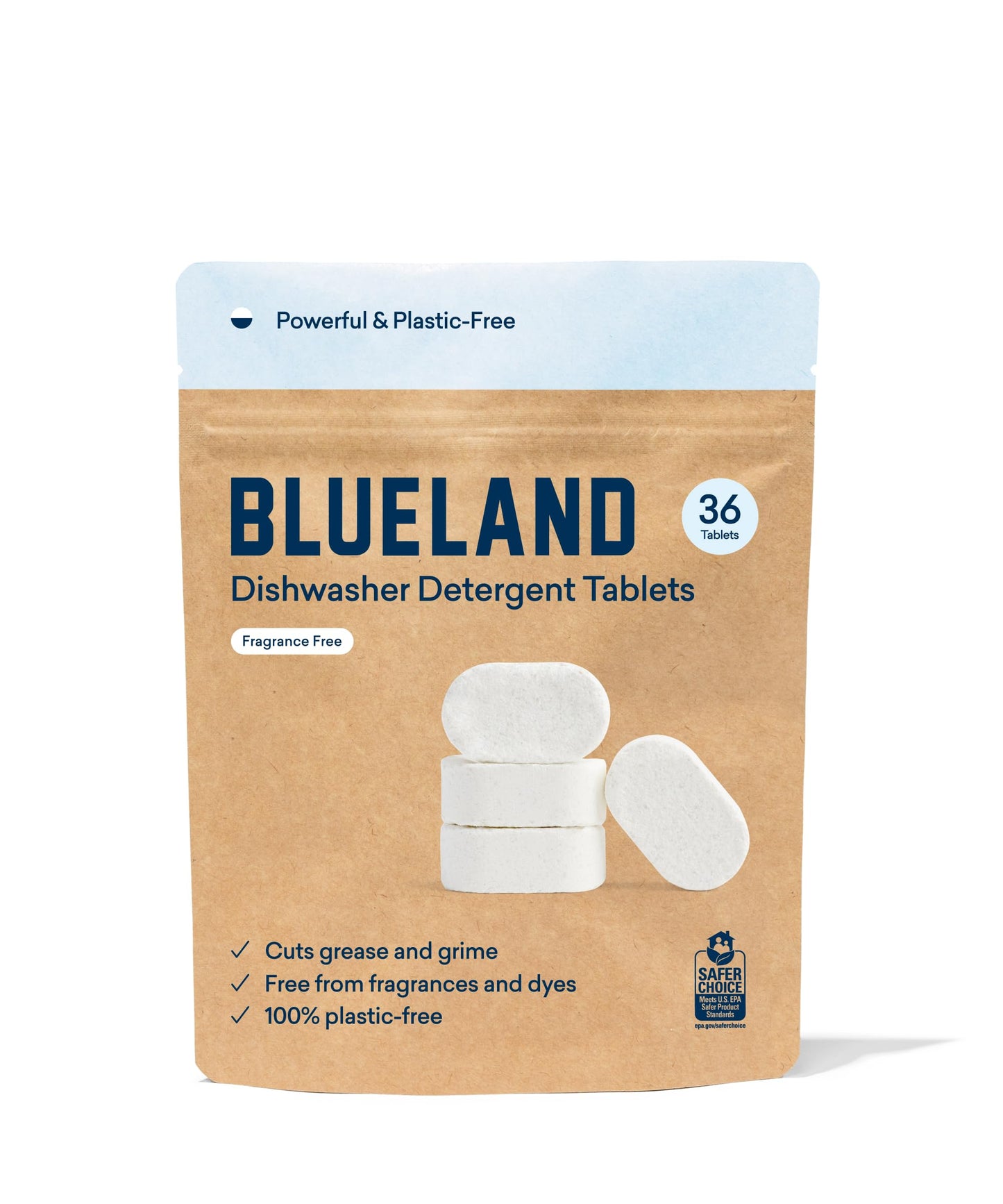 BLUELAND 100% Plastic-Free Dishwasher Detergent Tablets, 60 Count, Unscented Eco Friendly Dishwashing Pods, Natural, Sustainable