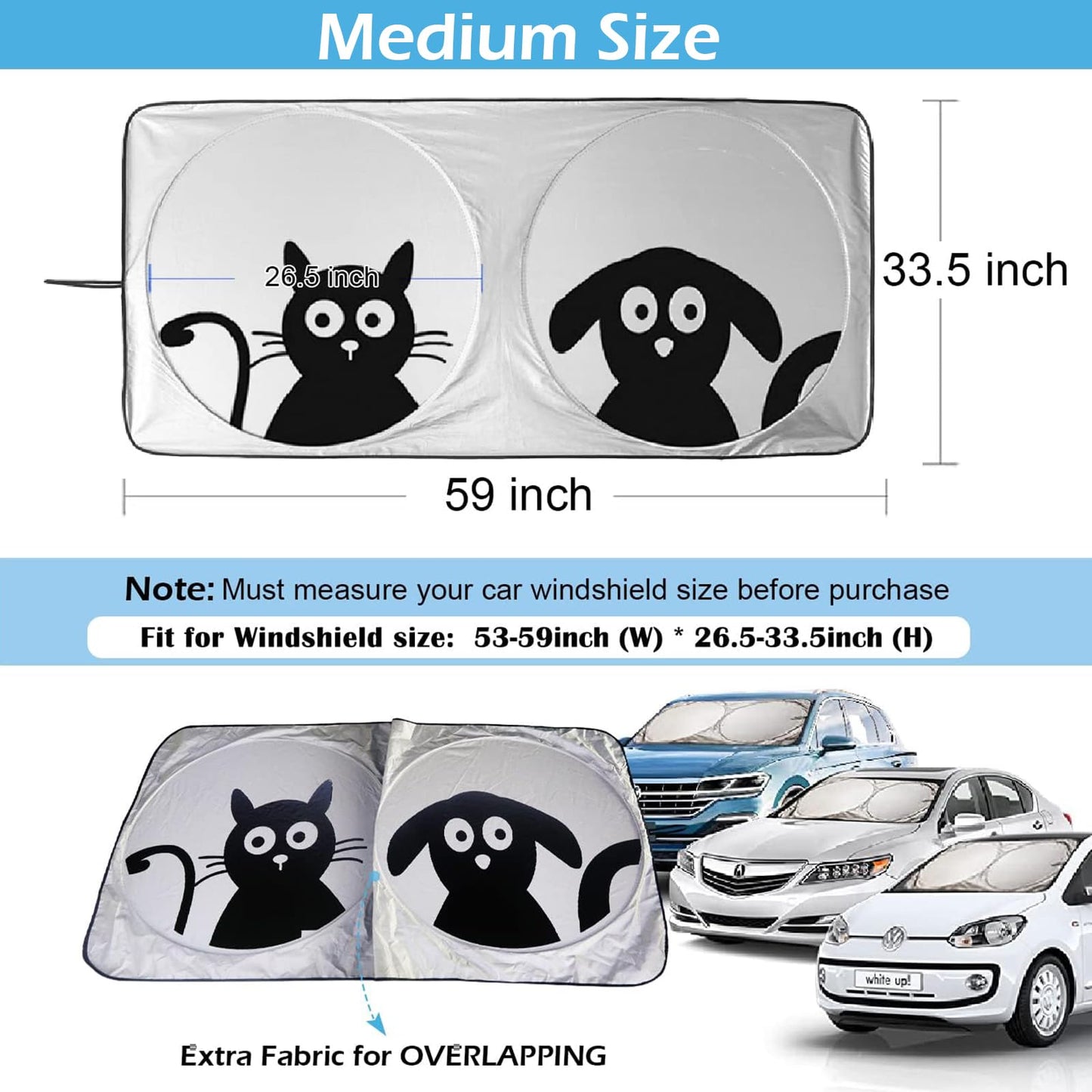 Car Windshield Sunshade with Pet Design, Cute Dog & Cat Cartoon Front Windshield Sun Shade Foldable Sunshade Blocks Heat UV Rays, Protect Interior Keep Cool, Fits Cars SUV Truck - Medium