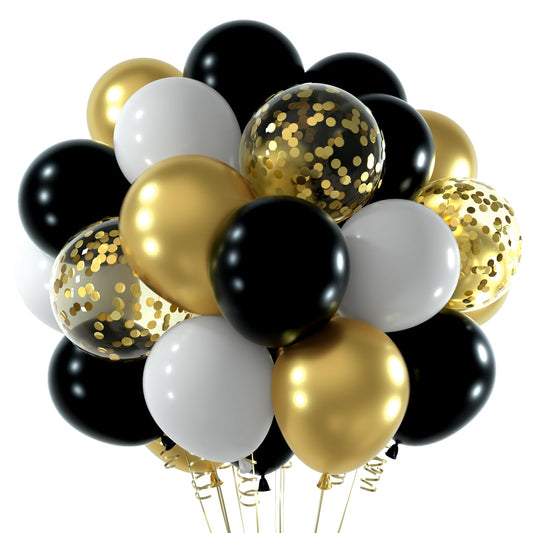 NEBURORA Black and Gold Confetti Balloons 60pcs 12inch Metallic Gold White and Black Confetti Balloons with Ribbons for Birthday Party Wedding Graduation Holiday Celebrating