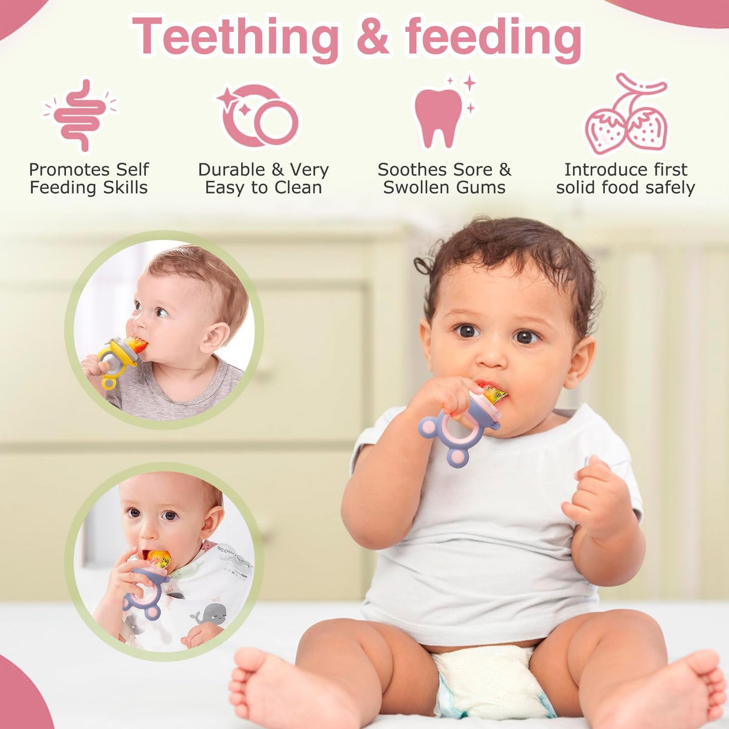 HAOBAOBEI Baby Solids/Frozen Fruit Feeder Pacifier, Infant Teether Toy 4M+, BPA-Free Silicone Pouch & Nipple, Safely Introduce Solids, Teething Relief, 2-Pack - Yellow/Purple (Mouse)