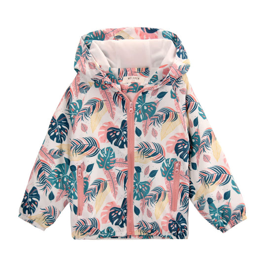WELAKEN Girls' Water-resistant Jacket with Leaf Print, Sun Protection and Seasonal Transformation Jacket