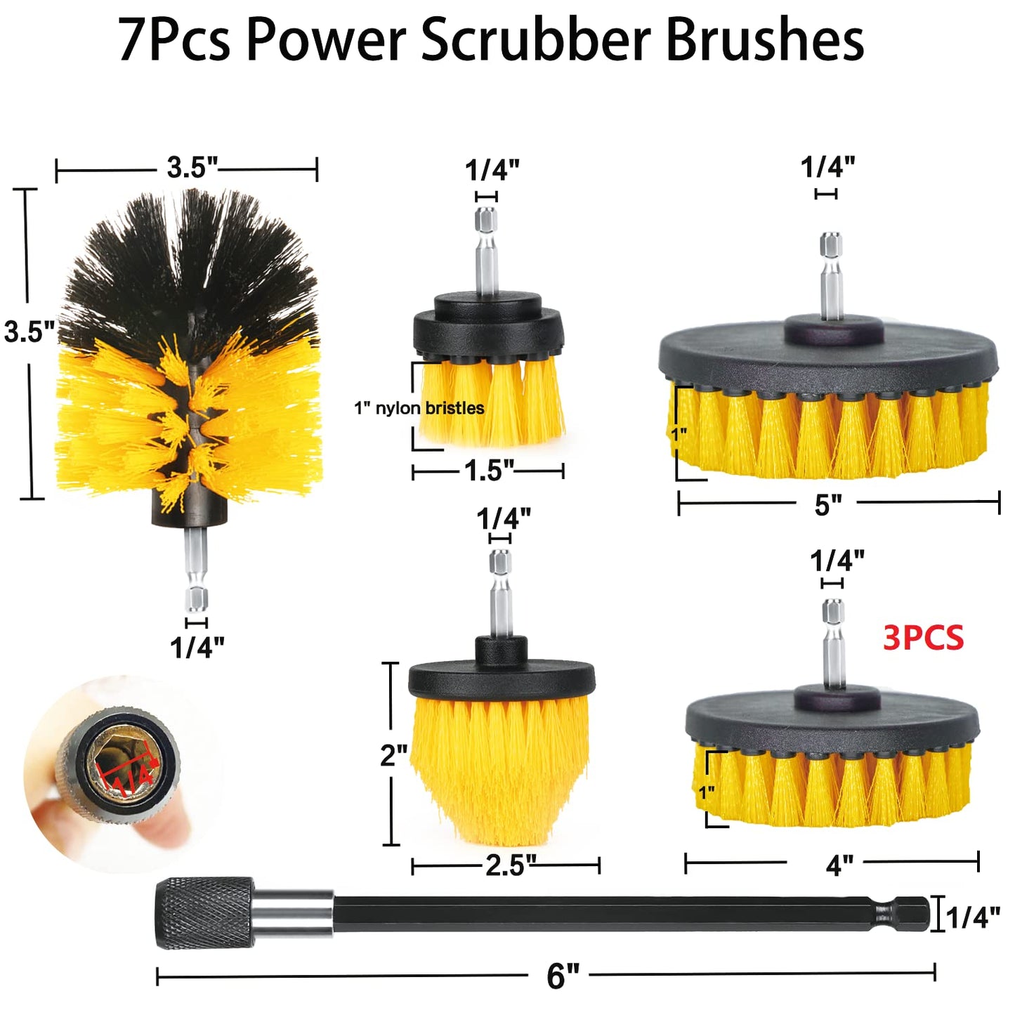 Drill Brush Attachment Set, 7 Pack 1/4in Power Scrubber Brush + Extend Long Rod, Brush Drill Attachment, Power Cleaning Scrub Brush for Bathroom, Tub, Tile, Corner, Floor