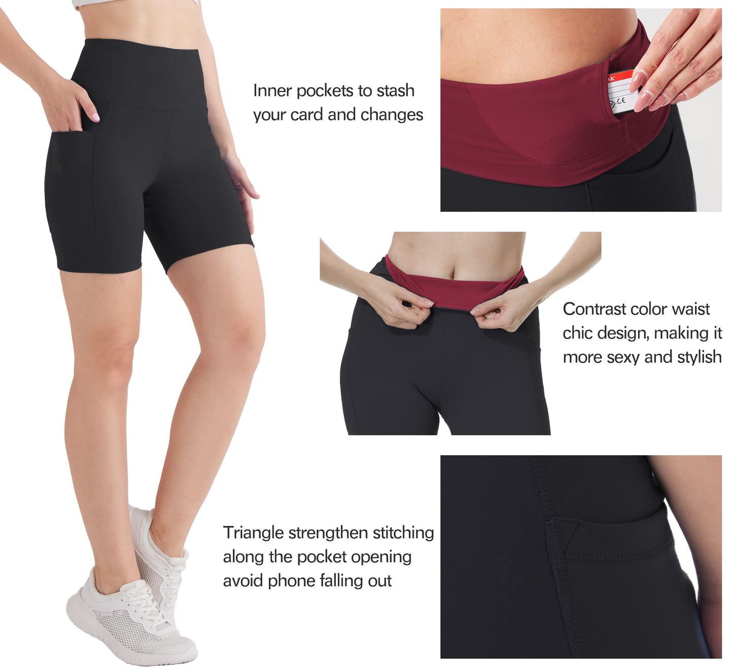 KOWBEAR Workout Shorts Womens Buttery Soft Spandex Biker Shorts High Waisted Gym Yoga Running Volleyball Short with Pockets Black L