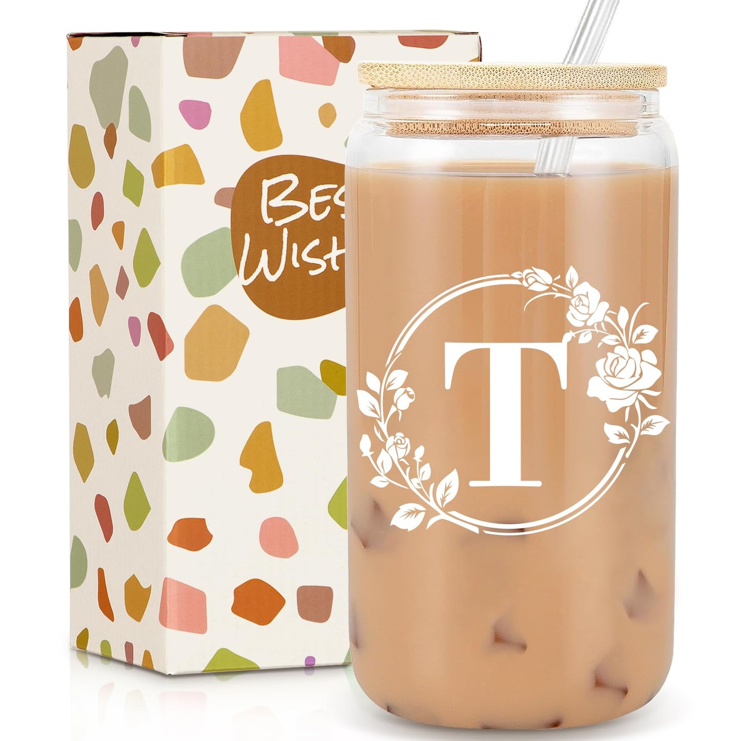 Birthday Gifts for Women, Monogrammed Initial Glass Cup Personalized Gifts for Women, 16oz Glass Cups with Lids and Straws, Iced Coffee Cup, Beer Can Shaped - Gift for Christmas, Birthday, K