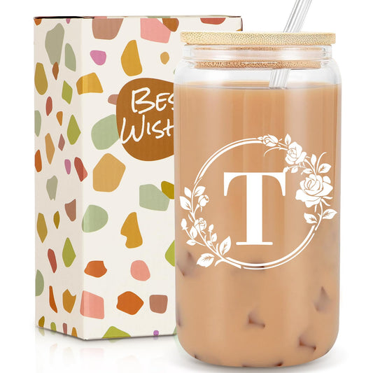 Birthday Gifts for Women, Monogrammed Initial Glass Cup Personalized Gifts for Women, 16oz Glass Cups with Lids and Straws, Iced Coffee Cup, Beer Can Shaped - Gift for Christmas, Birthday, K