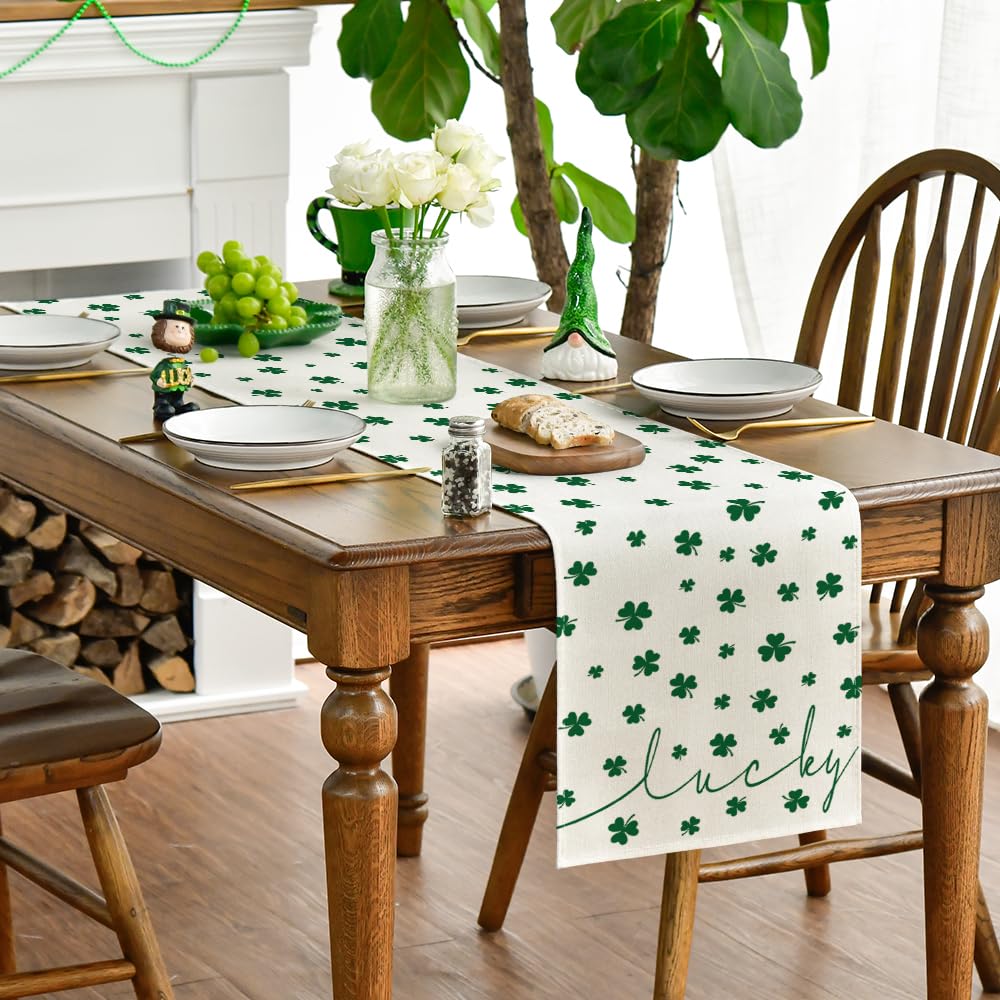 Artoid Mode Beige Lucky Shamrock St. Patrick's Day Table Runner, Seasonal Spring Holiday Kitchen Dining Table Decoration for Indoor Outdoor Home Party Decor 13 x 36 Inch
