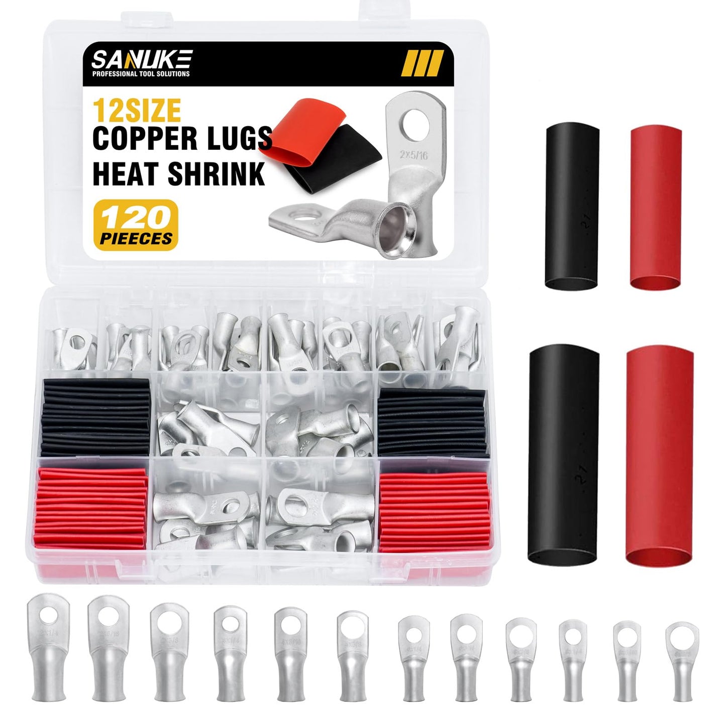 Sanuke 120Pcs AWG 8 6 4 2 Copper Wire Lugs with Heat Shrink Set, 60Pcs Heavy Duty Battery Cable Closed End Tubular Ring Terminals Connectors with 60Pcs Heat Shrink Tubing