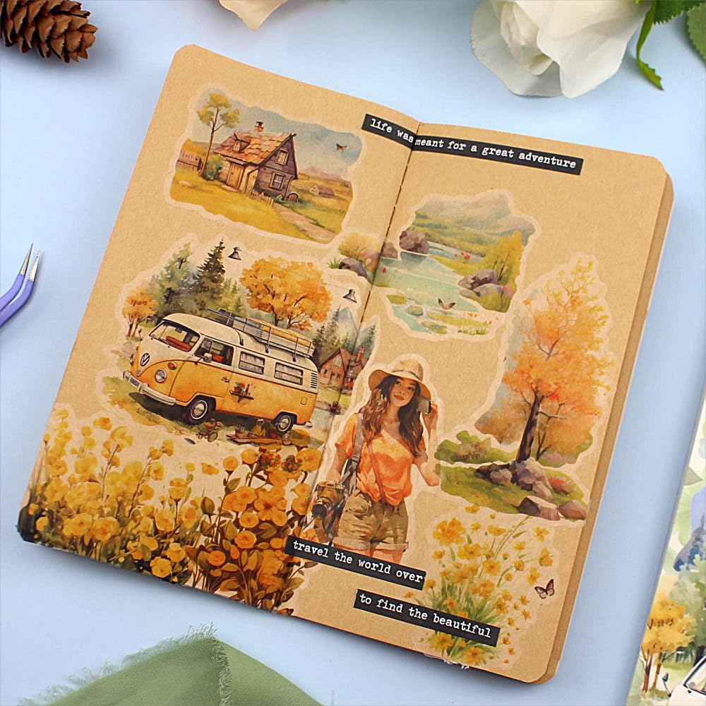Dwpetzo Spring Notes Landscape Pre-Cut Sticker Book for Journaling, 20 Unique Sheets, Dual Materials Paper PET Stickers for Scrapbooking, Junk Journal Supplies, Planner, Collage, DIY Crafts Art