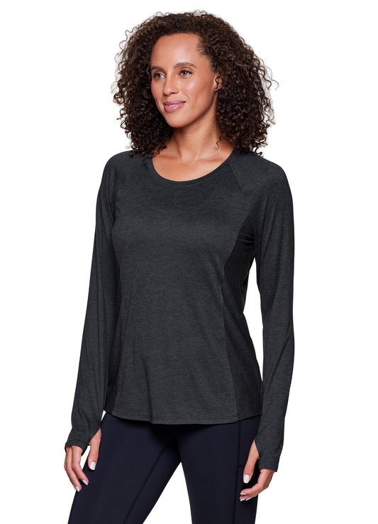RBX Activewear Long Sleeve Running Top for Women, Lightweight Space Dye Buttery Soft Yoga Tee with Thumbholes Heathered Black S