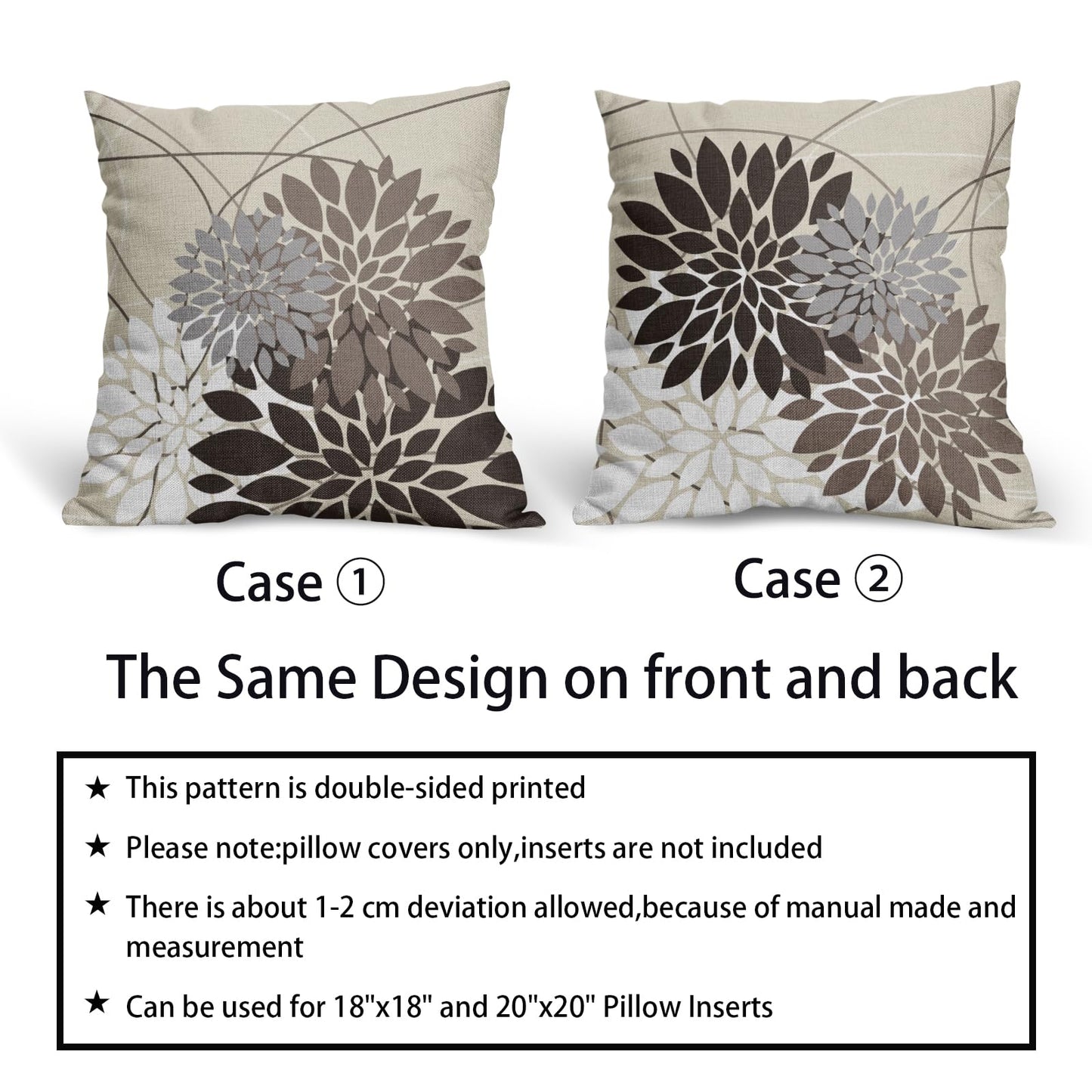 Dark Brown Flower Pillow Covers 18x18 Grey Gray White Dahlia Floral Spring Decorative Throw Pillows Farmhouse Outdoor Seasonal Decor for Home Sofa Bed Couch Modern Square Cushion Cases, Set of 2