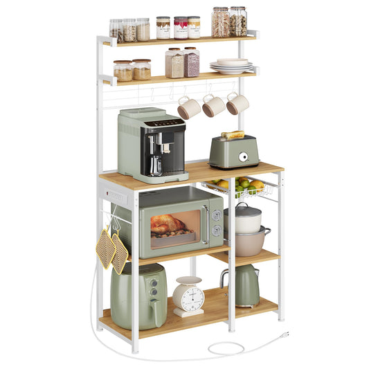 VASAGLE Bakers Rack with Power Outlet, 35.4 Inches Microwave Stand, Coffee Bar, 4 AC Outlets, with Adjustable Shelves, 8 S-Hooks, Basket, Spice Racks, Golden Oak and Cloud White UKKS031Y09