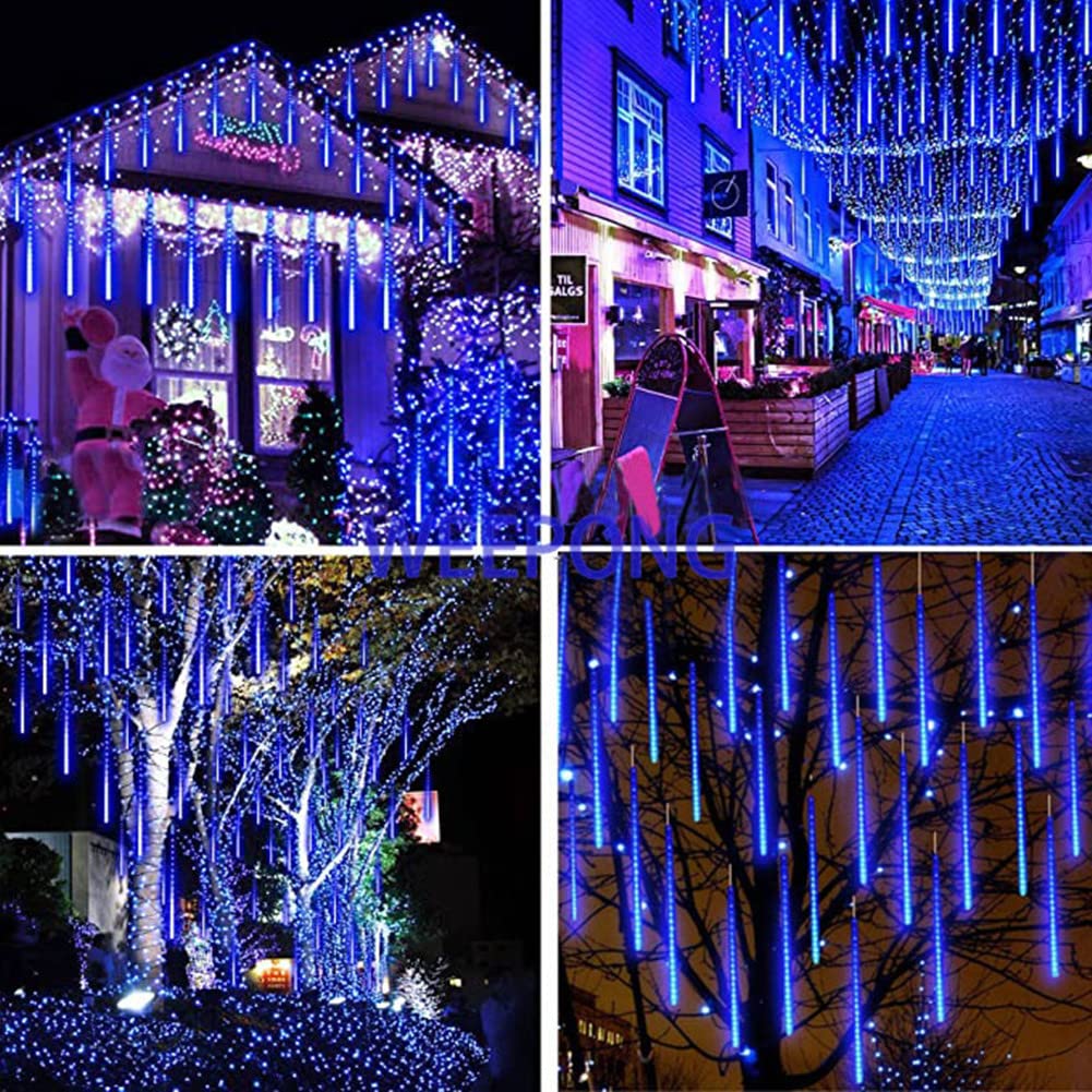 Weepong Meteor Shower Lights Outdoor Christmas Lights UL Certified Falling Rain Drop Snowfall Icicle Cascading String Light for Xmas Holiday Tree Wedding Party Garden Decor Blue, 12 Inch 8 Tubes