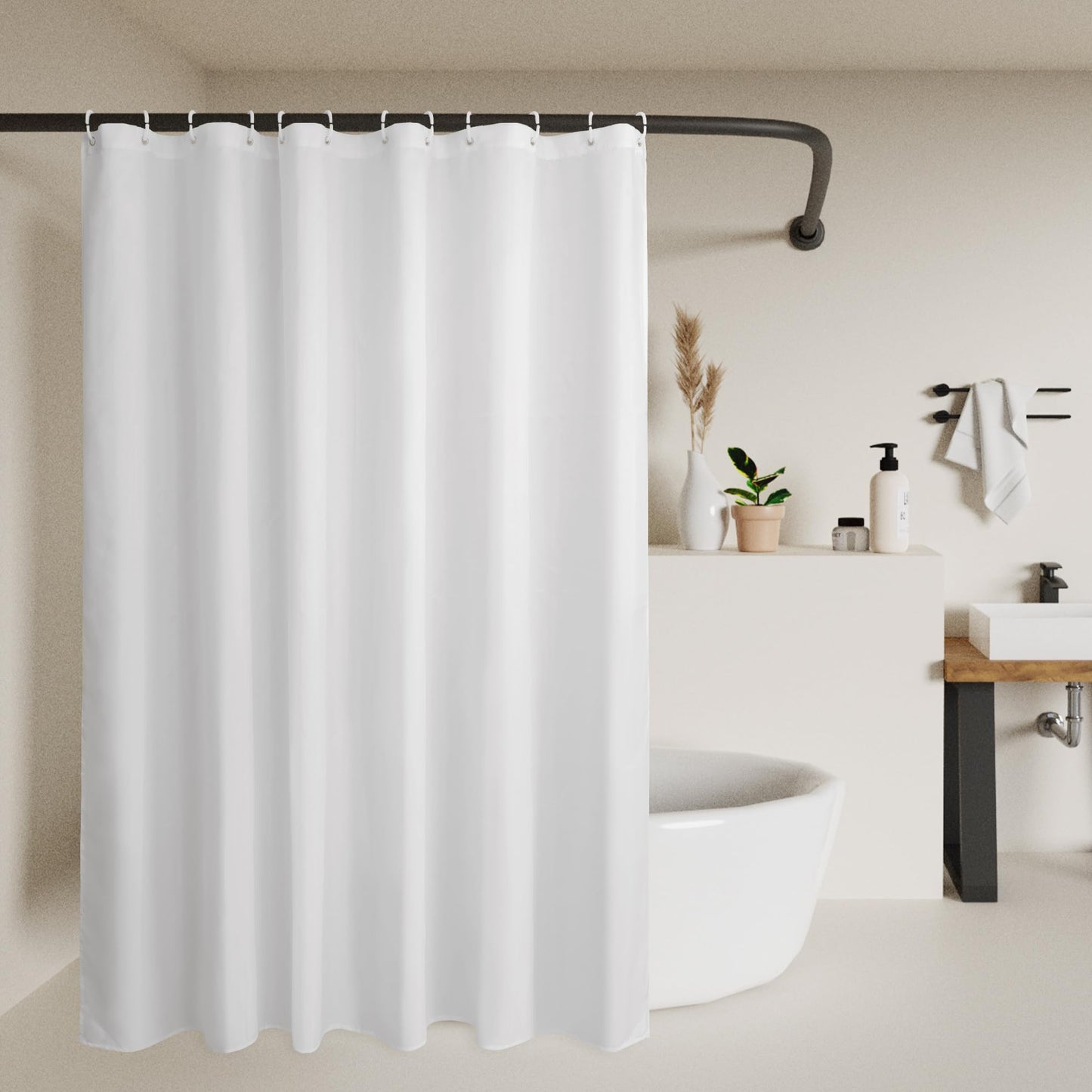 Sustainable Shower Curtain Liner, Recycled Polyester Material, Eco Friendly, Non Plastic & Freon-free Washable Fabric Shower Curtain Liner with Magnets, 72"x72" Shower Liner for Bathroom, White