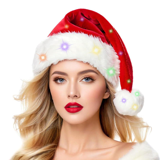 OGAJO Christmas Hat for Adults Led Light Santa Hats Red Velvet Extra Thicken Unisex Xmas Hat for New Year Festive Holiday Party