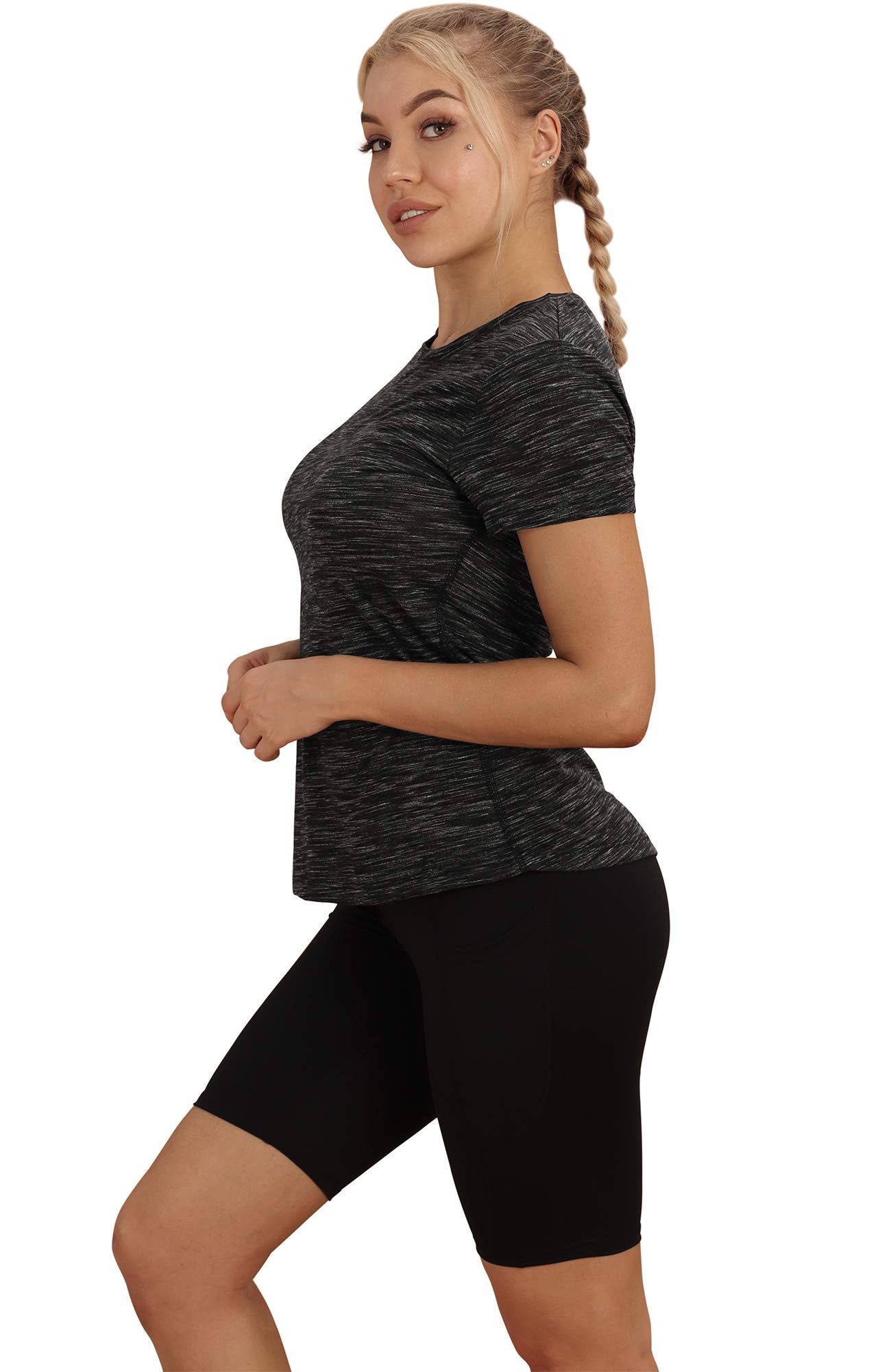 icyzone Workout Shirts for Women - Yoga Tops Gym Clothes Running Exercise Athletic T-Shirts for Women (Black/Navy, S)