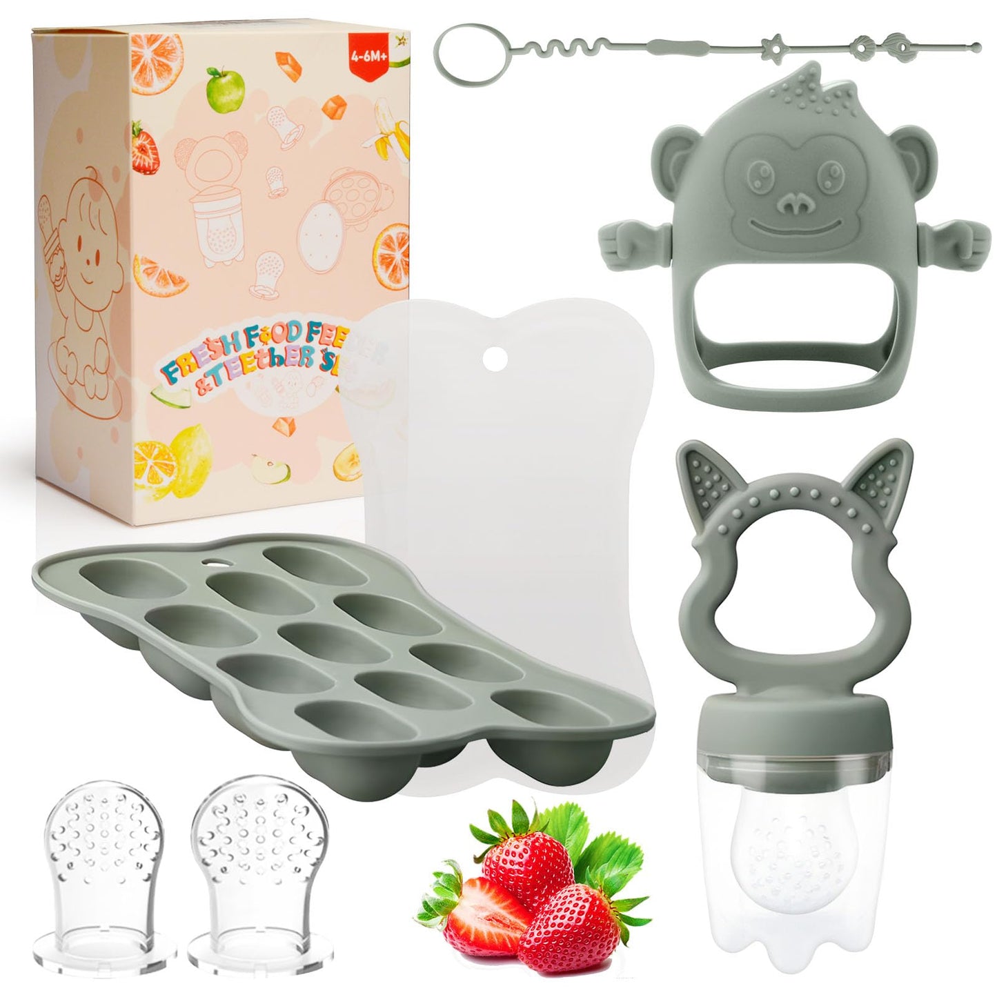 Baby Teething Relief Toys, Fruit/Food Feeder with Breastmilk Popsicle Molds & Teether Combo Food Grade Silicon for 6M+ Breastmilk Pops, Frozen Fruit, Teether Toys for Baby Gift(Green)