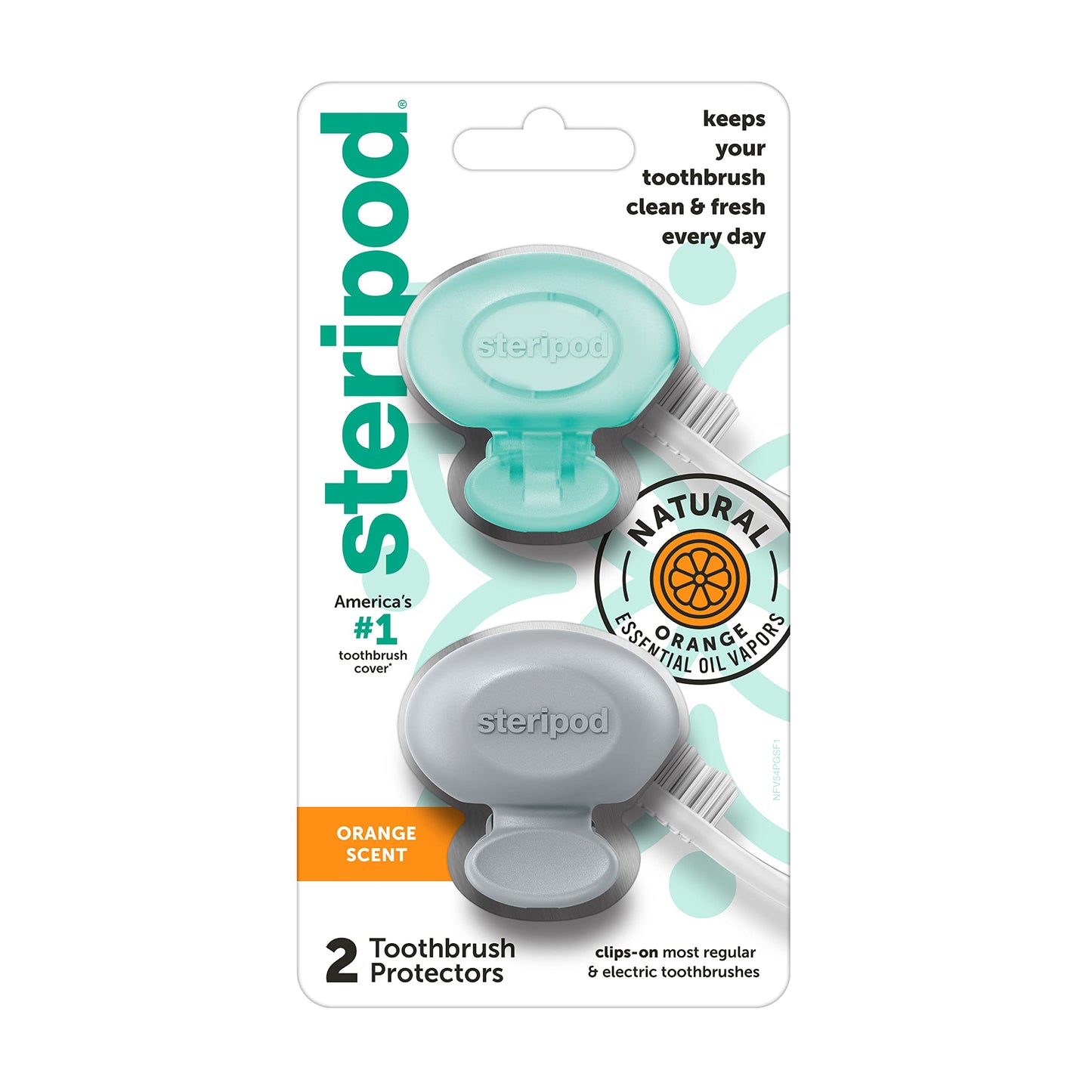 Steripod Clip-On Toothbrush Protector with Peppermint Essential Oils, Keeps Toothbrush Fresh and Clean, Travel Accessories, Fits Most Manual and Electric Toothbrushes, 2 Count