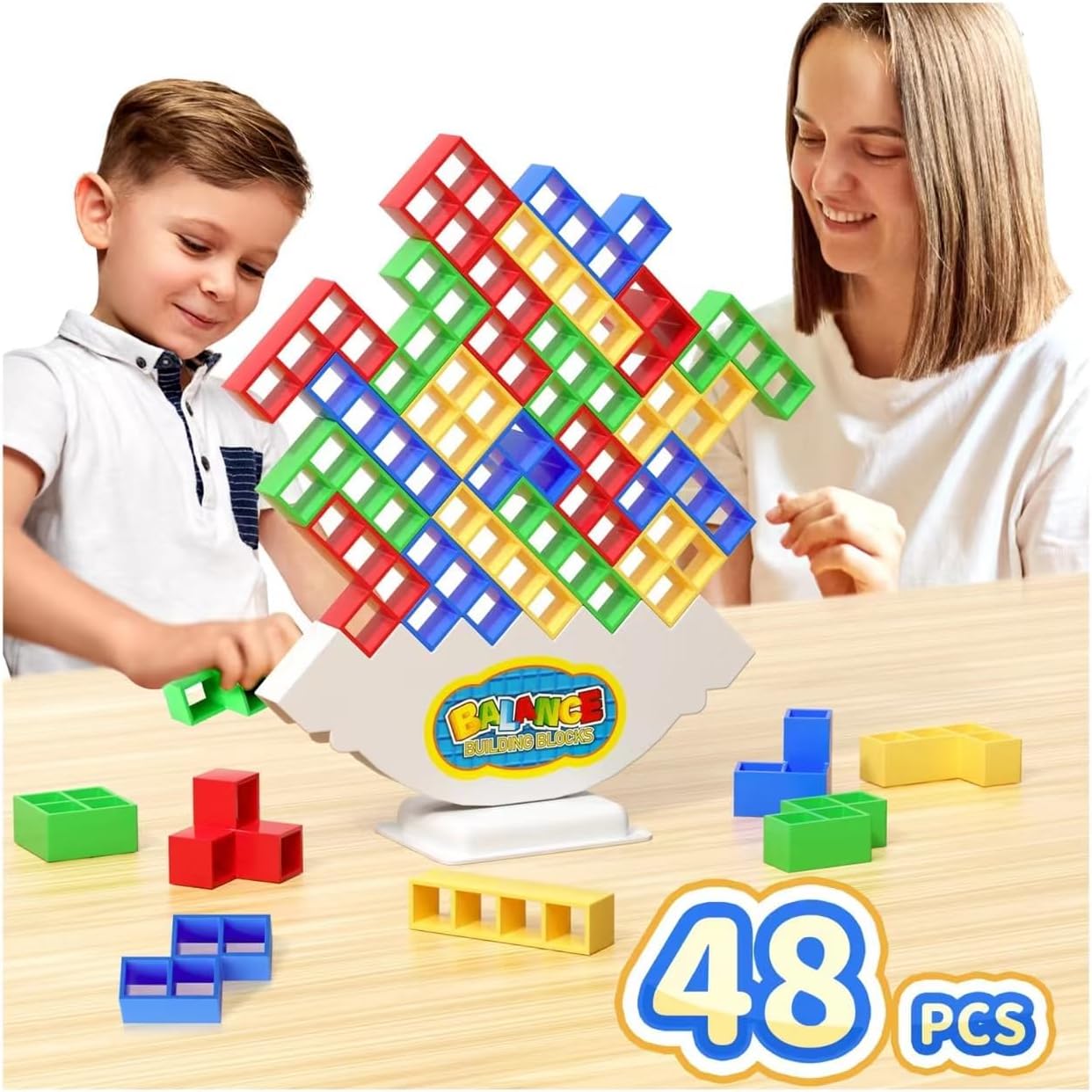 48 Pcs Game Gifts, Balance Stacking Blocks Game，Perfect for Family, Parties, Travel,Boys Girls Gifts，Novelty Toy Gift for Kids or Friends
