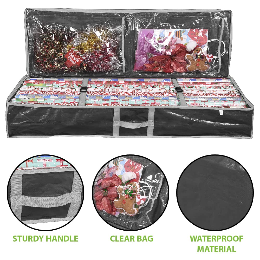 ProPik Wrapping Paper Storage Containers | Gift Wrap Organizer Under Bed | 41”x14”x6” | Box Holds 18-24 Rolls Up to 40” Long | Holder with Pockets for Ribbon Bows & Accessories (Black)