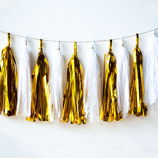 Gold and White Tassel Garland,Gold White Paper Tassel Banner,Table Decor,White Gold Tissue Tassels Party Decor Supplies for Party,DIY Kits - (20 PCS)