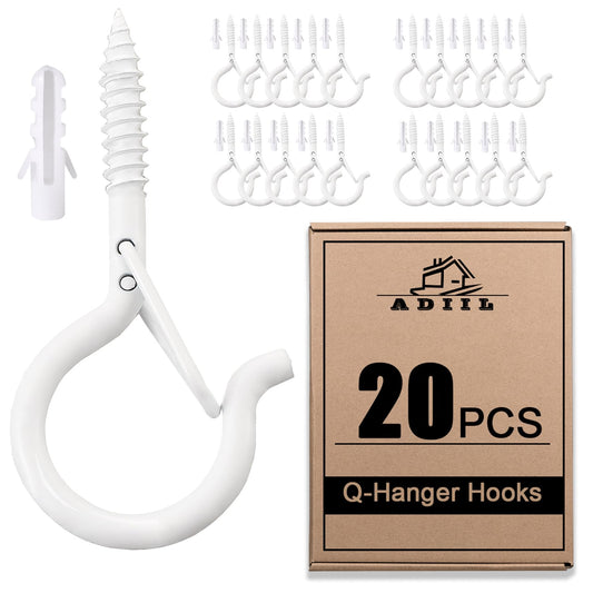 ADIIL 20 PCS Q Hanger Hooks with Safety Buckle, Windproof Screw Hooks for Hanging Outdoor String Lights, Plants, Christmas Patio Lights, 2.2 Inches, White