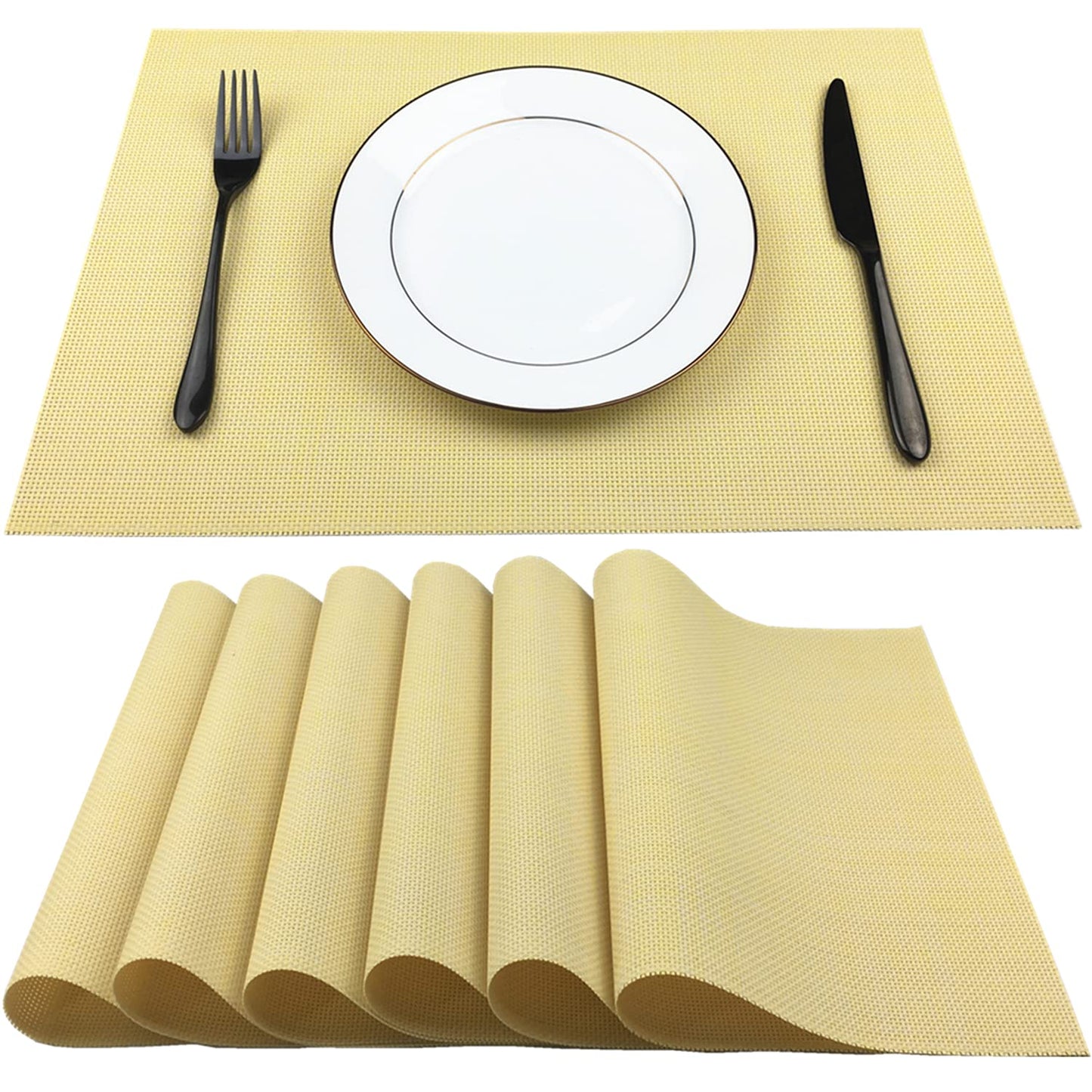 WAZAIGUR Placemats,Easy to Clean Crisscross Woven Vinyl Place Mats Durable Non-Slip Heat Resistant Table Mats,Placemats for Kitchen Table Set of 6,Yellow
