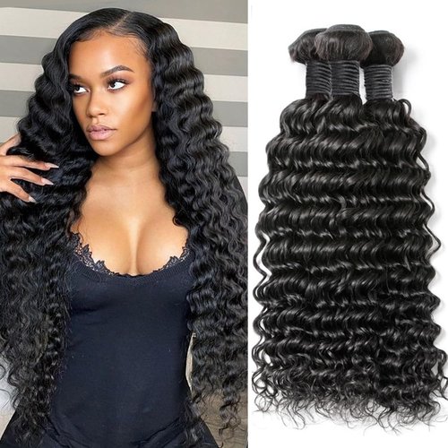 Deep Wave Bundles Human Hair Brazilian Virgin Hair Weave 3 Bundles Deep Curly 12A Grade Unprocessed Human Hair Extensions Natural Black 100g/pc (Deep Wave Bundles Human Hair, 24 26 28)