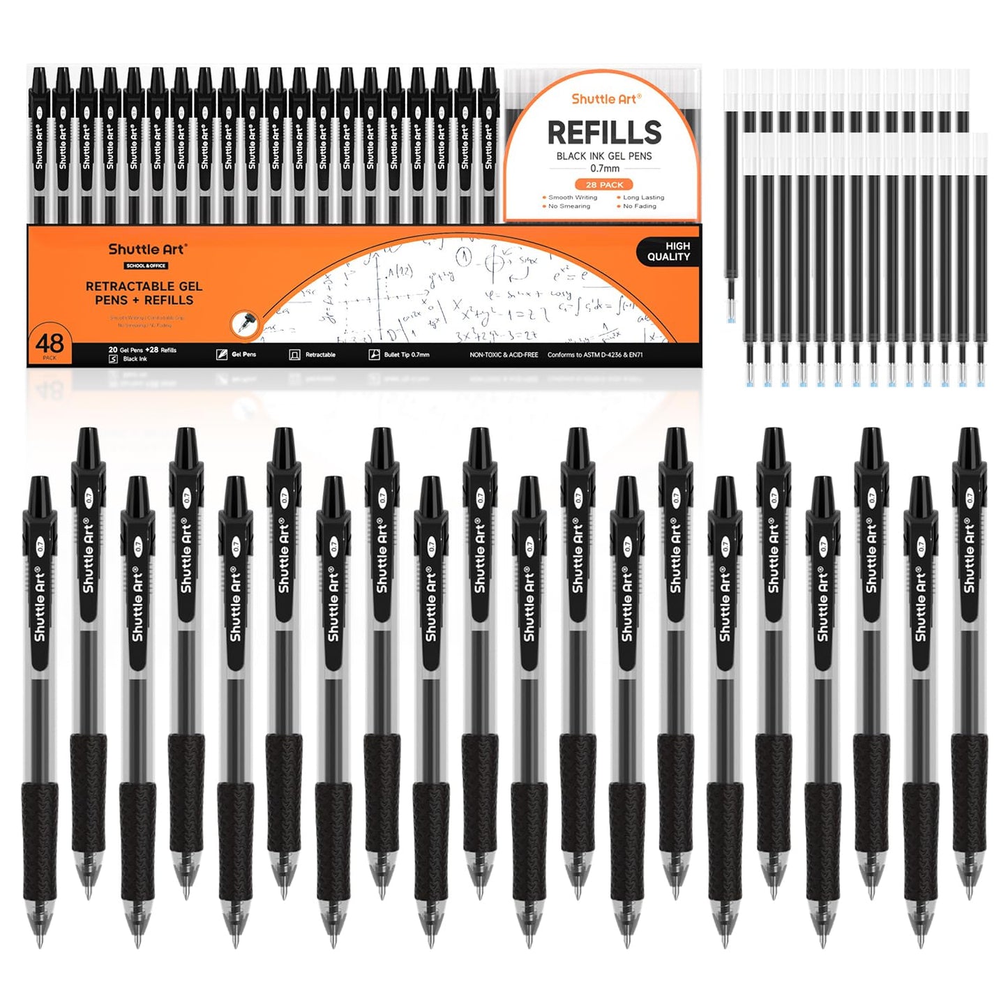 Shuttle Art Black Gel Pens, 48 Pack(20 Pens with 28 Refills) Retractable Medium Point Rollerball Gel Ink Pens Smooth Writing with Comfortable Grip for Office School Home Work