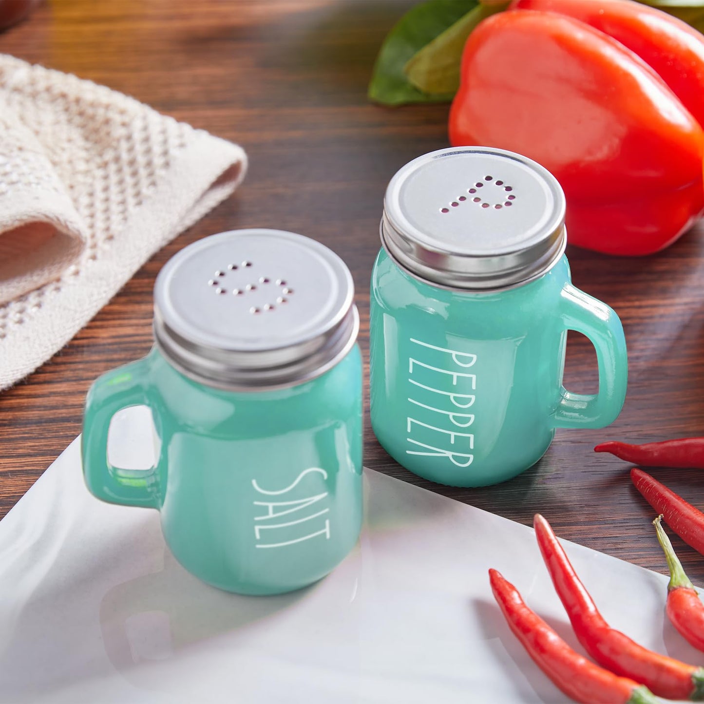 Turquoise Salt and Pepper Shakers Set - Teal Kitchen Decor and Accessories for Home Restaurants Wedding - Glass Salt and Pepper Set for Cooking Table, RV, BBQ, Easy to Clean & Refill