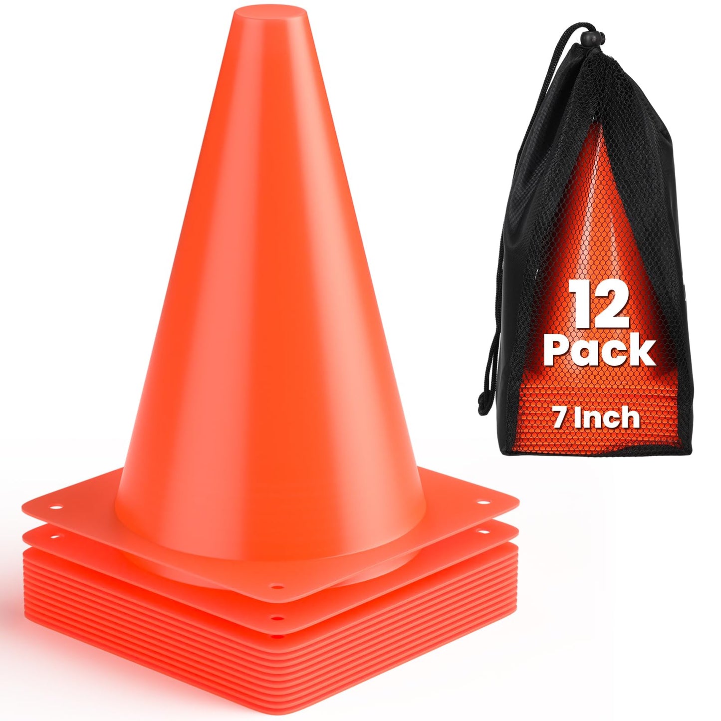 GHB 7 Inch Soccer Cones 12 Pack Disc Soccer Sport Cones Training Field Marker Agility Cones for Basketball, Coaching, Practice Equipment Includes Drills Guide (7" 12Pcs Orange)
