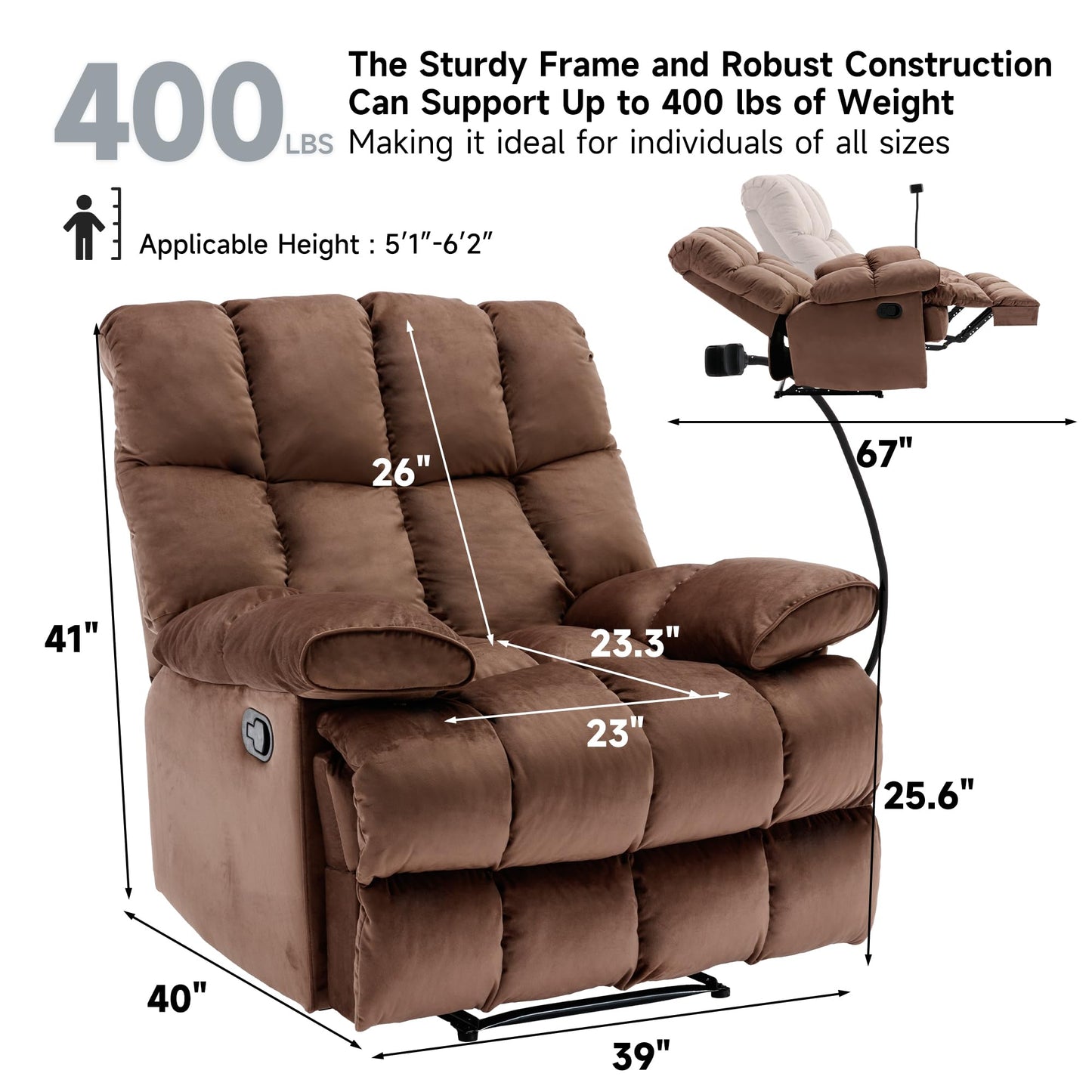 GNMLP2020 Oversized Recliner Chair, Big Mans Recliner Chairs for Adults 400LBS, Extra Wide Recliners for Tall Man, Large Recliner Chair for Living Room, Brown