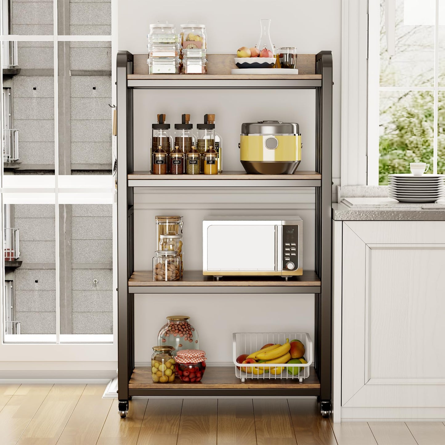 Kitchen Bakers Rack with Power Outlet,With pegboard Bakers Racks,Microwave Oven Stand with Storage 4 Tiers,microwave stand， for Living Room, Dining Room, Coffee Bar(Rustic Brown, 15.75x25.2x55)