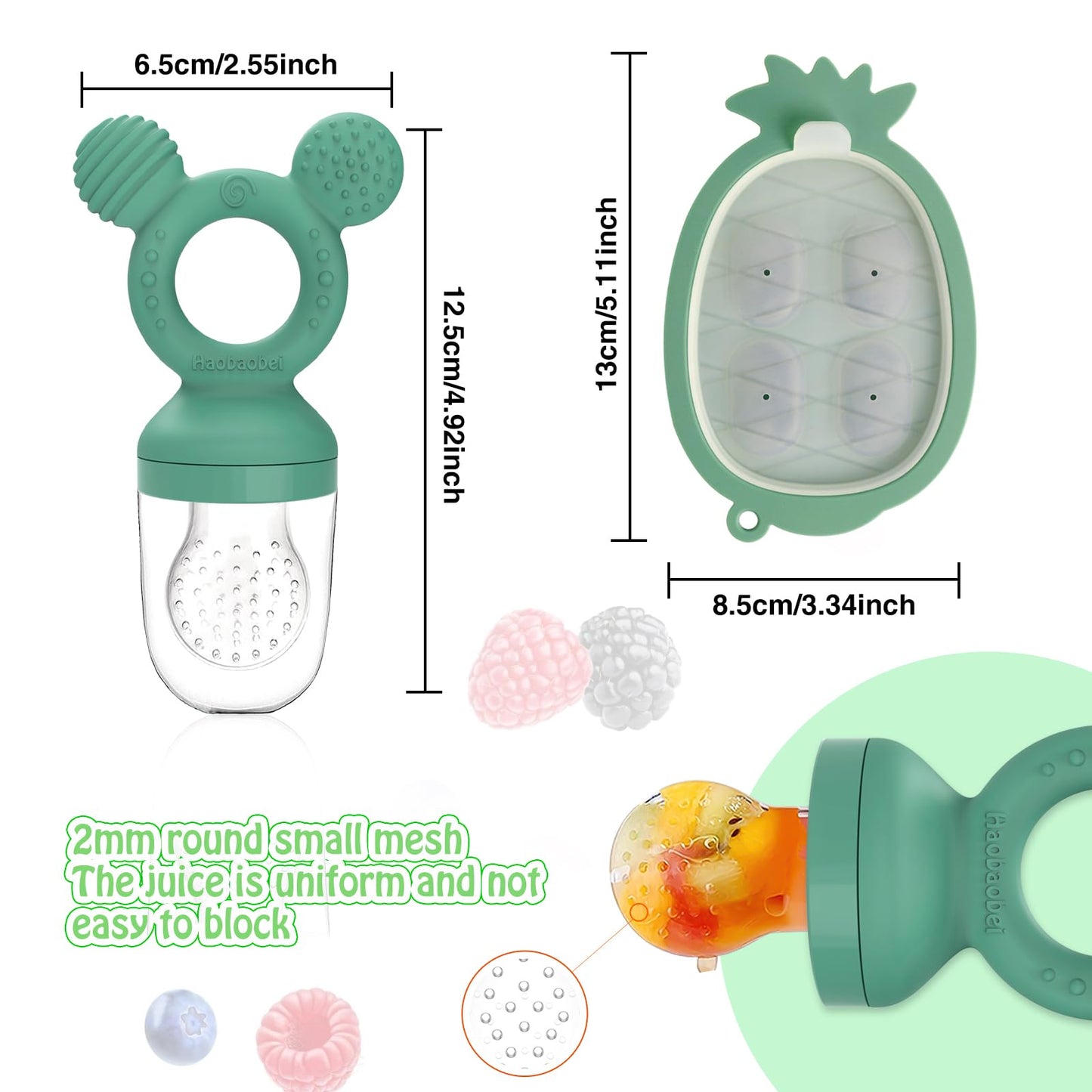 HAOBAOBEI Teething Toys, Baby Fruit Food Feeder, Breastmilk Popsicle Molds for Baby Cooling Relief (Green, Mini Mouse)