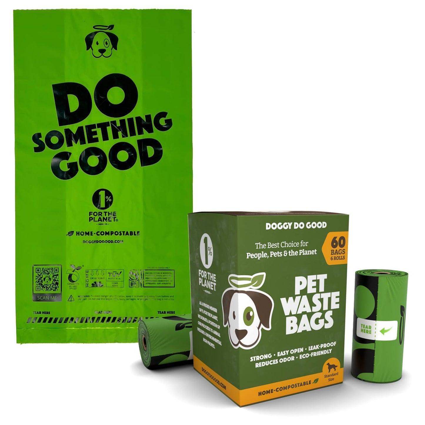 Doggy Do Good Poop Bags | Dog Waste Bags | Unscented, USDA Certified Biobased, Thick & Leak Proof, Easy Open | Standard Size | 60 Count