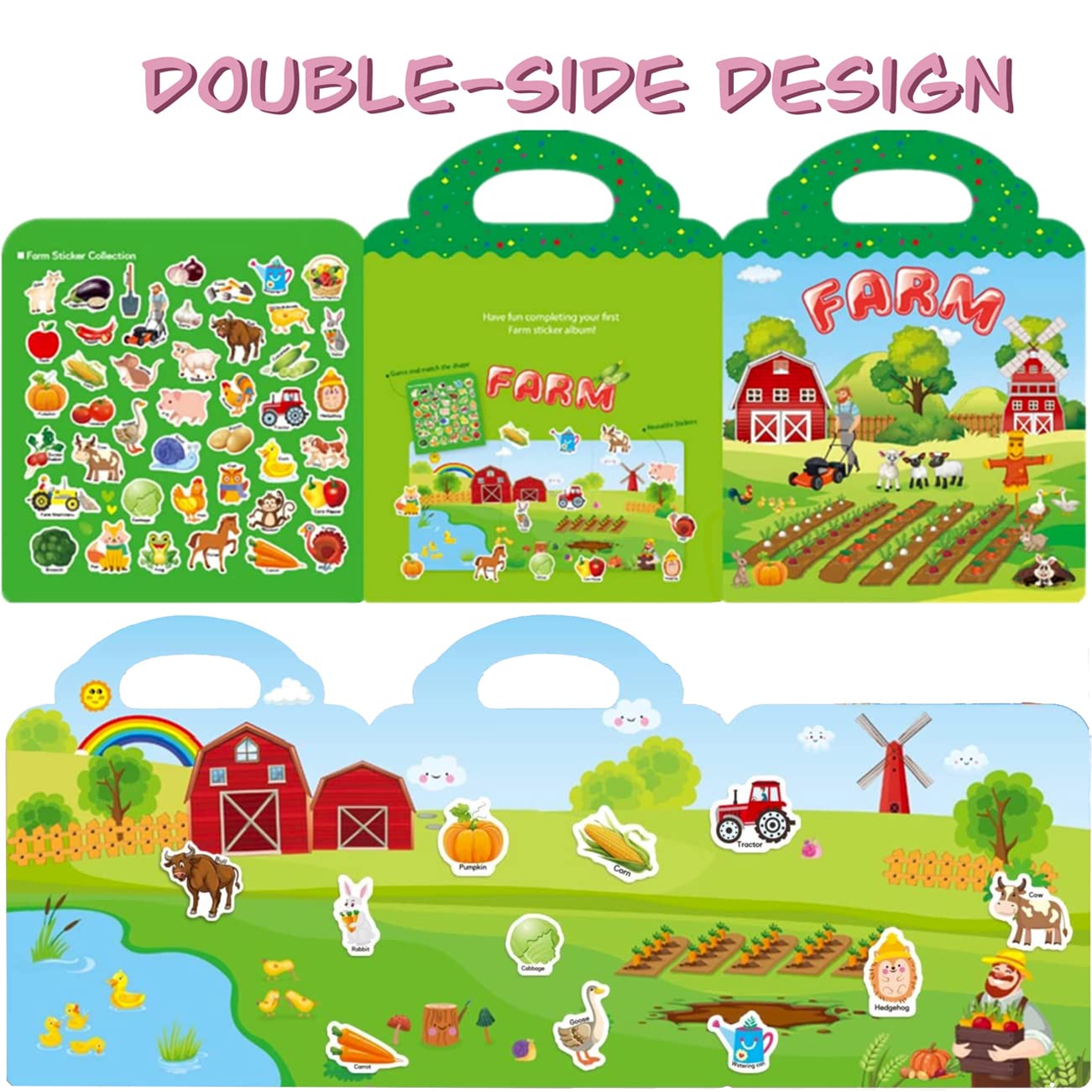 Reusable Sticker Book for Kids, Farm Stickers Educational Learning Toys Travel Stickers Activity Books for Toddler Girls Boys Age 3+ Birthday Gifts