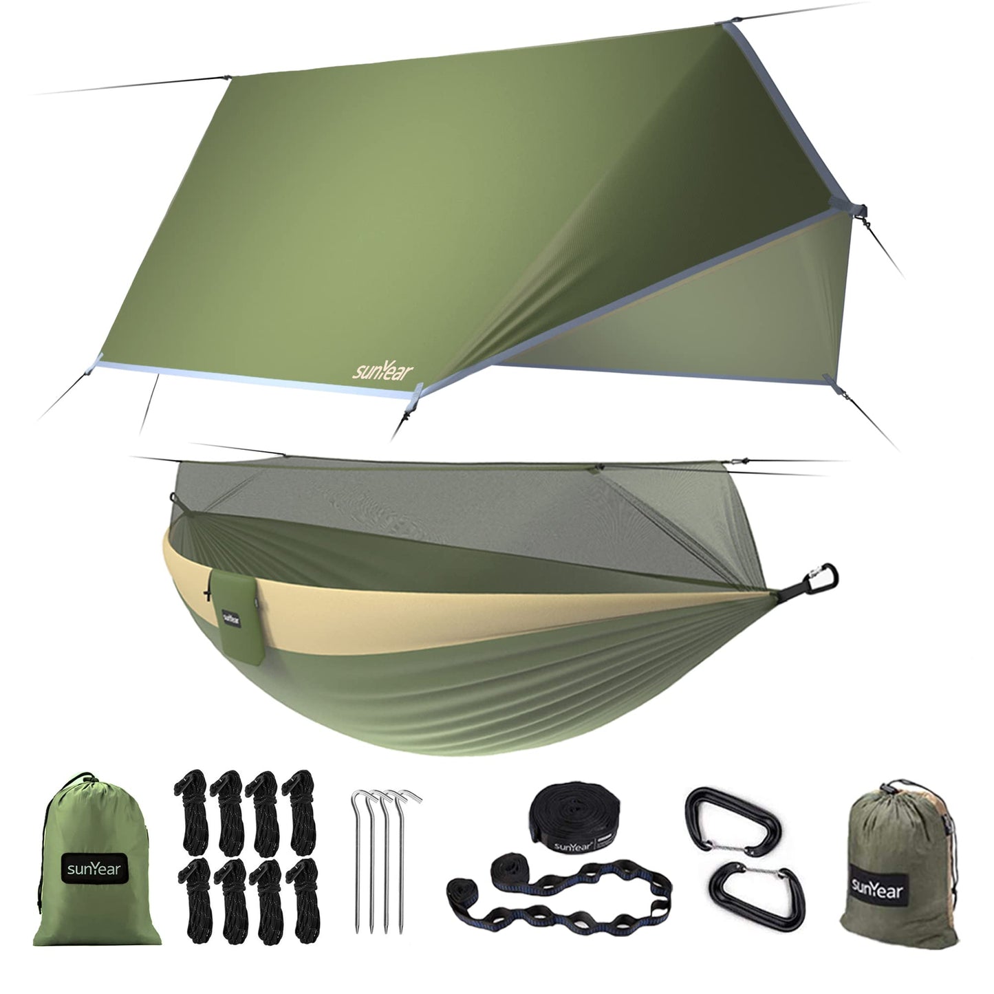 Sunyear Camping Hammock, Portable Single & Double Hammock with Net, 2 Person Hammock Tent with 2 * 10ft Straps, Best for Outdoor Hiking Survival Travel