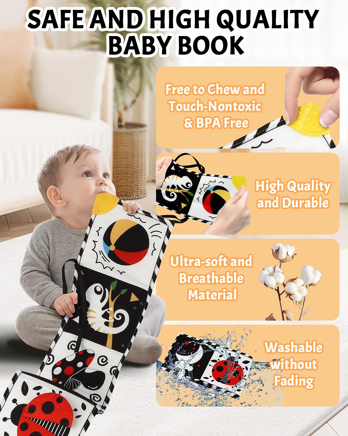 High Contrast Baby Book with Teether, Black and White Baby Book, 0-6-12 Months Soft Book for Newborn, Sensory Books, Montessori Learning Activities for Babies, Easter Basket Stuffer