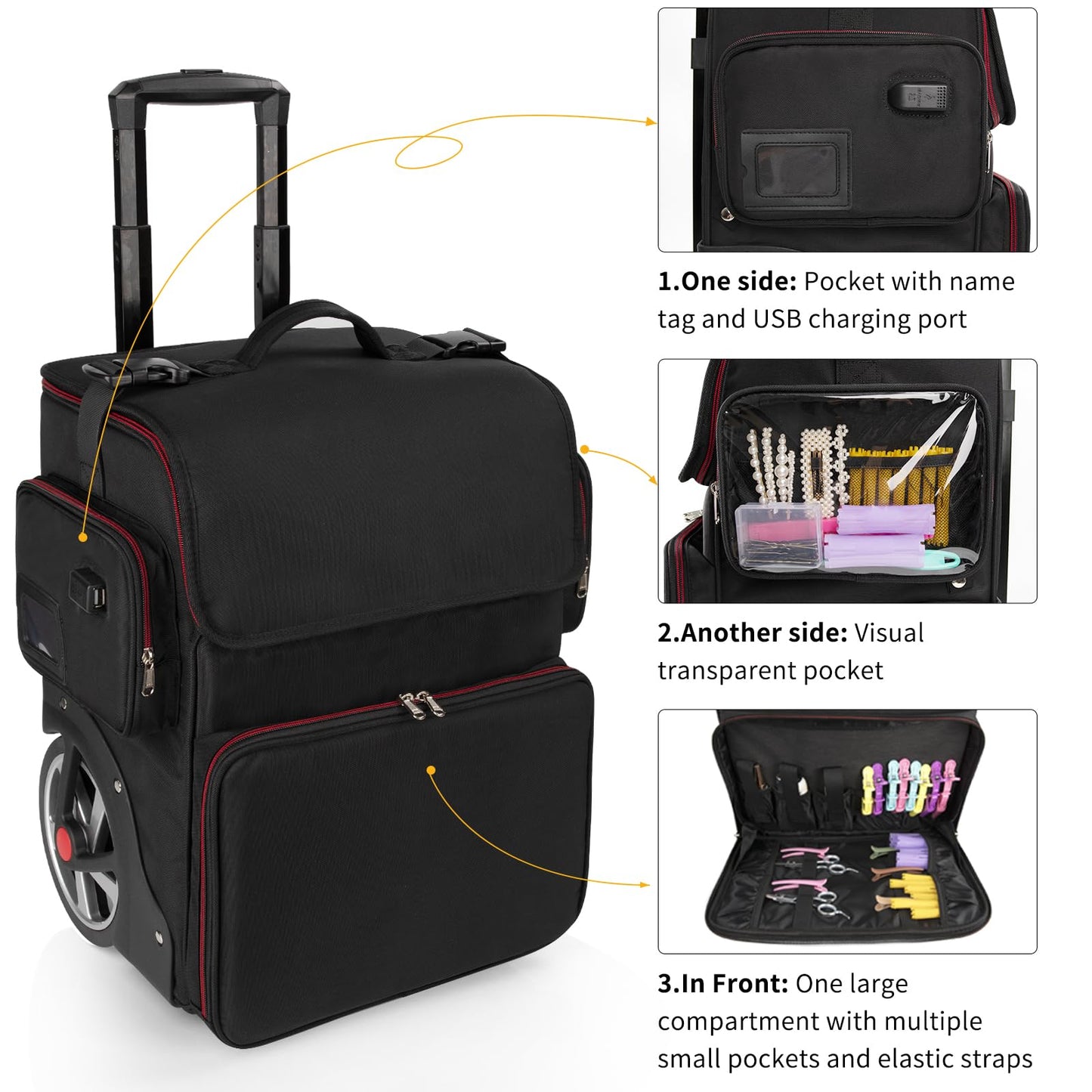 Large Makeup Train Case,Cosmetic Makeup Case for Hairstylist, Hairdresser Bag with Detachable Pouch,Heat Insulation and Anti-scalding Full layer for Hairdressing Tool Organizer Trolley with wheels