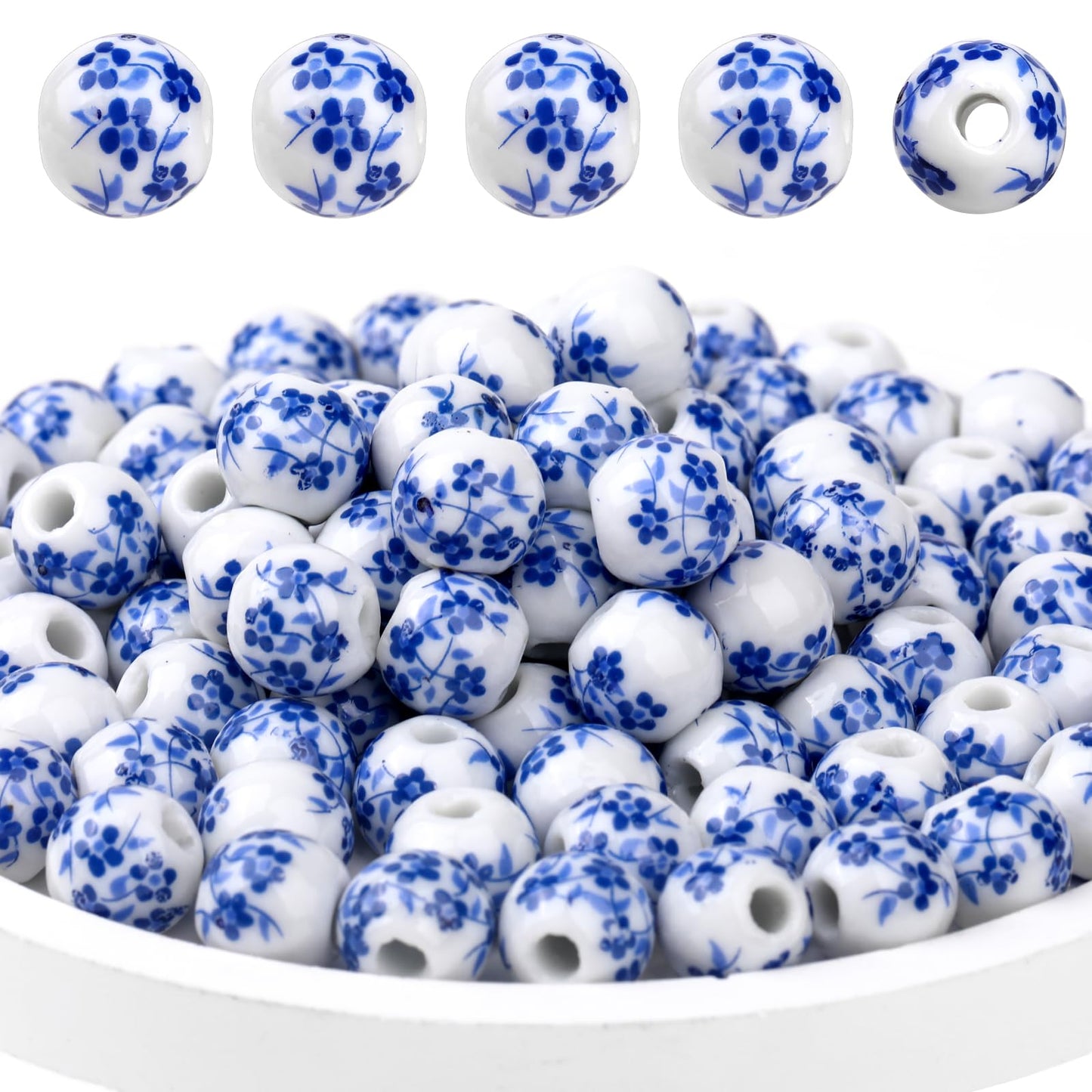Ceramic Beads, 100Pcs Round Porcelain Beads 8 mm Blue Flower Printed Spacer Beads Handmade Porcelain Craft Beading Kit for Jewelry Making Supplies DIY Crafts Bracelets Necklace